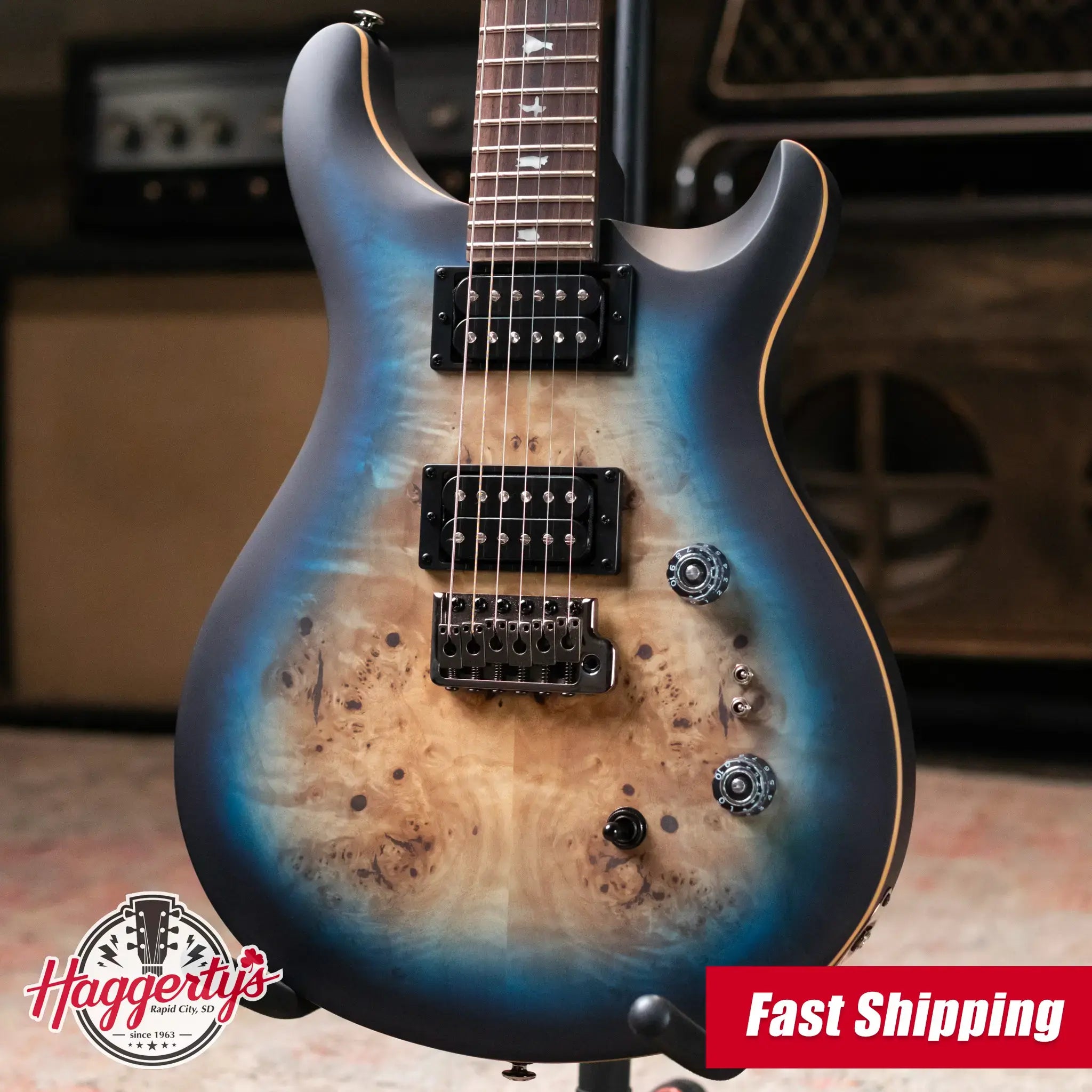 PRS SE "Exotic" Custom 24-08 Poplar Burl Electric Guitar - Lake Blue Midnight Burst with Gig Bag