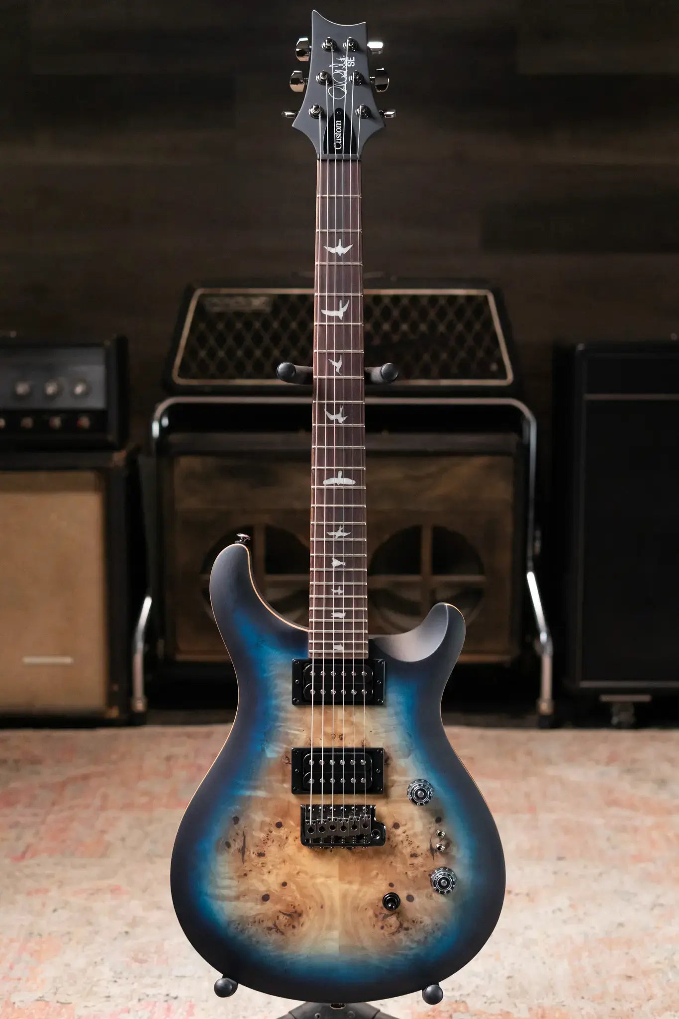 PRS SE "Exotic" Custom 24-08 Poplar Burl Electric Guitar - Lake Blue Midnight Burst with Gig Bag