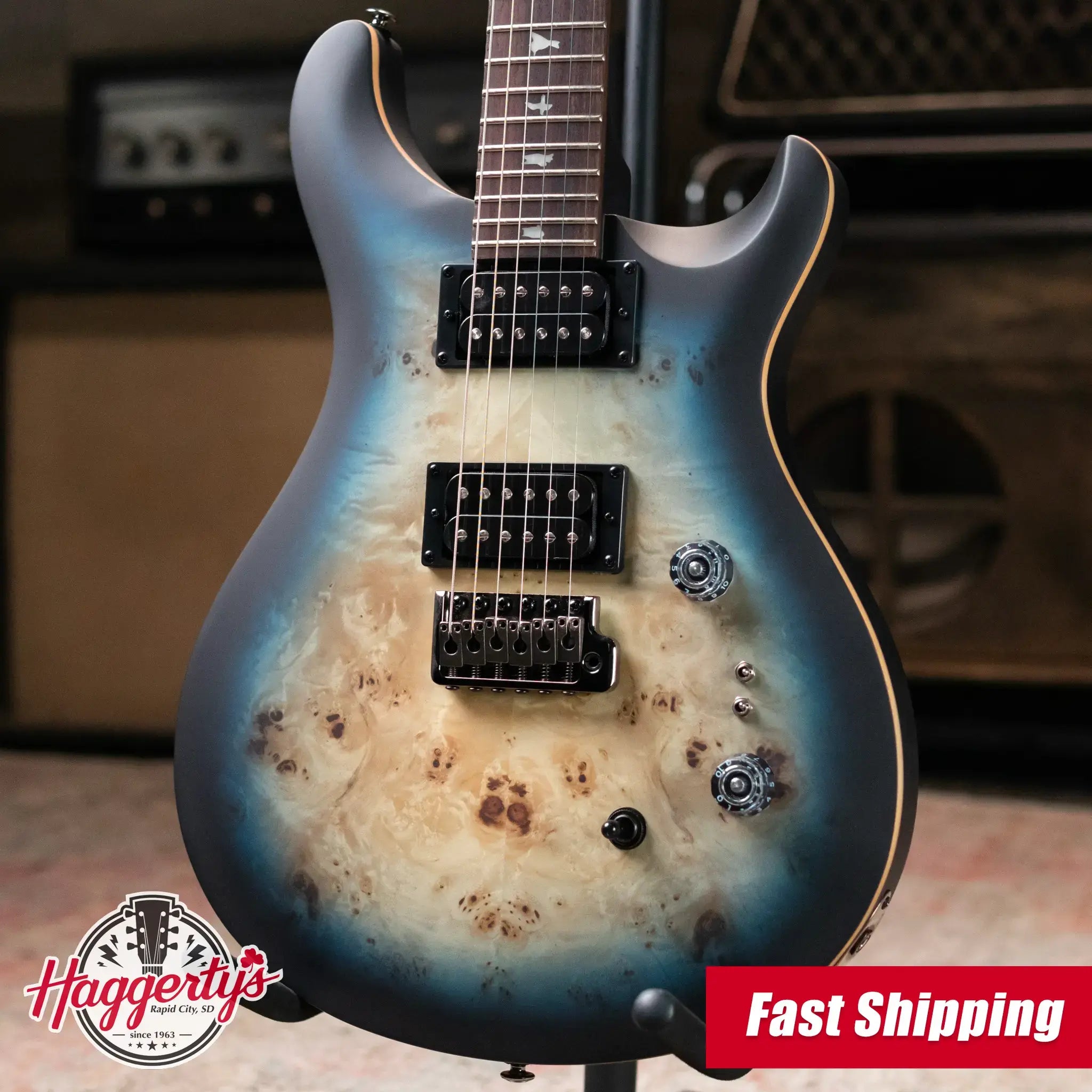 PRS SE "Exotic" Custom 24-08 Poplar Burl Electric Guitar - Lake Blue Midnight Burst with Gig Bag
