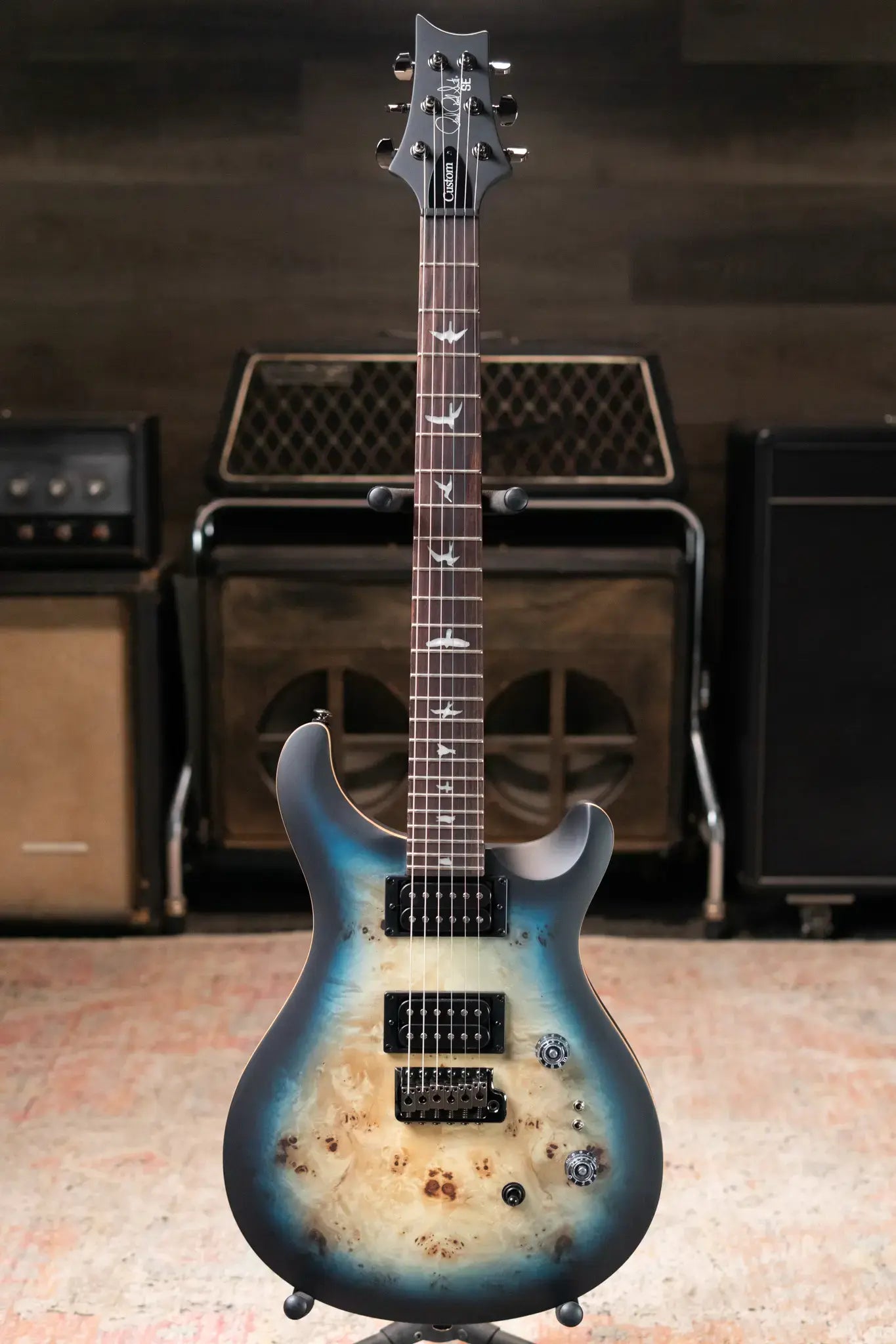 PRS SE "Exotic" Custom 24-08 Poplar Burl Electric Guitar - Lake Blue Midnight Burst with Gig Bag