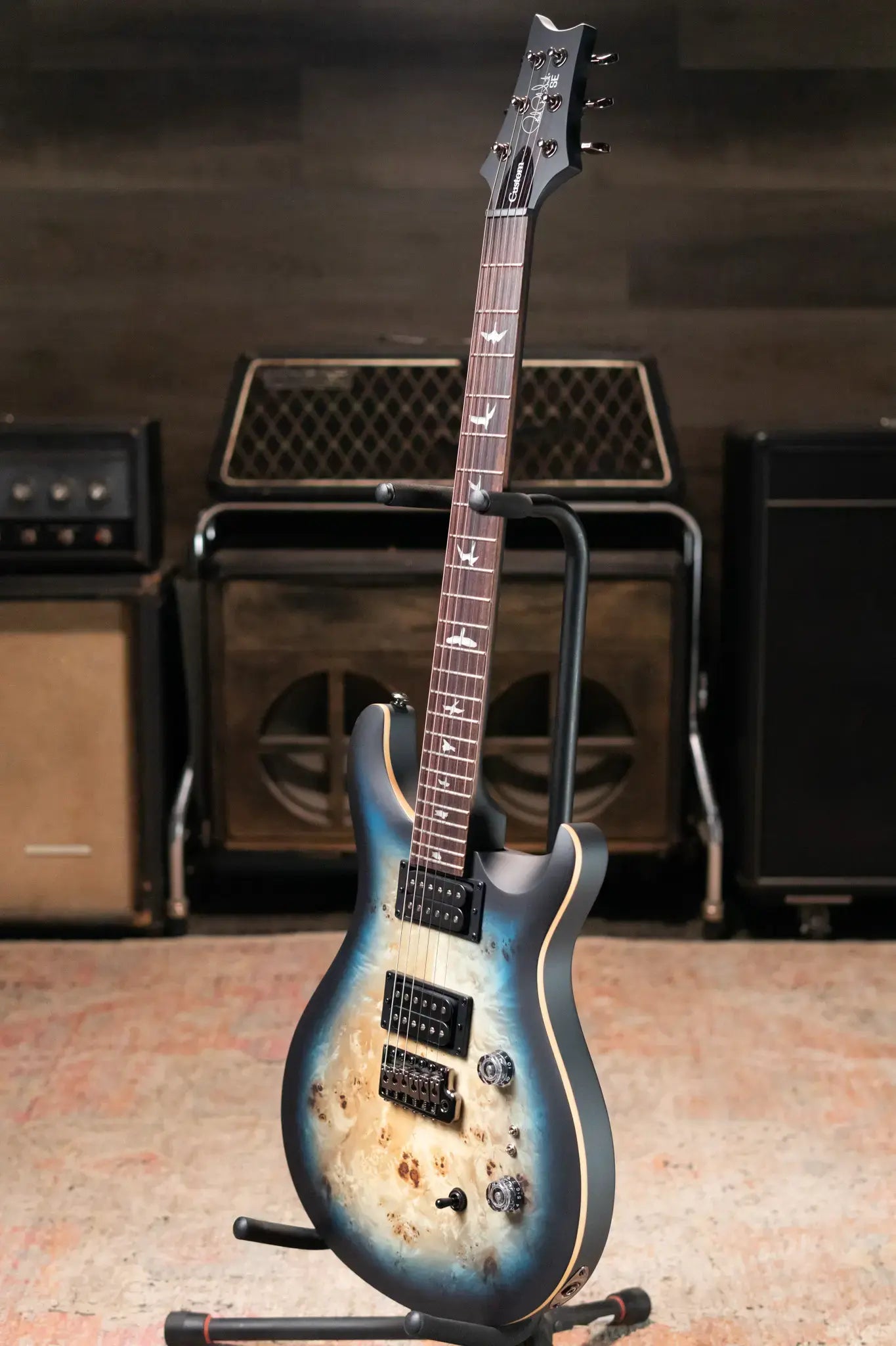 PRS SE "Exotic" Custom 24-08 Poplar Burl Electric Guitar - Lake Blue Midnight Burst with Gig Bag