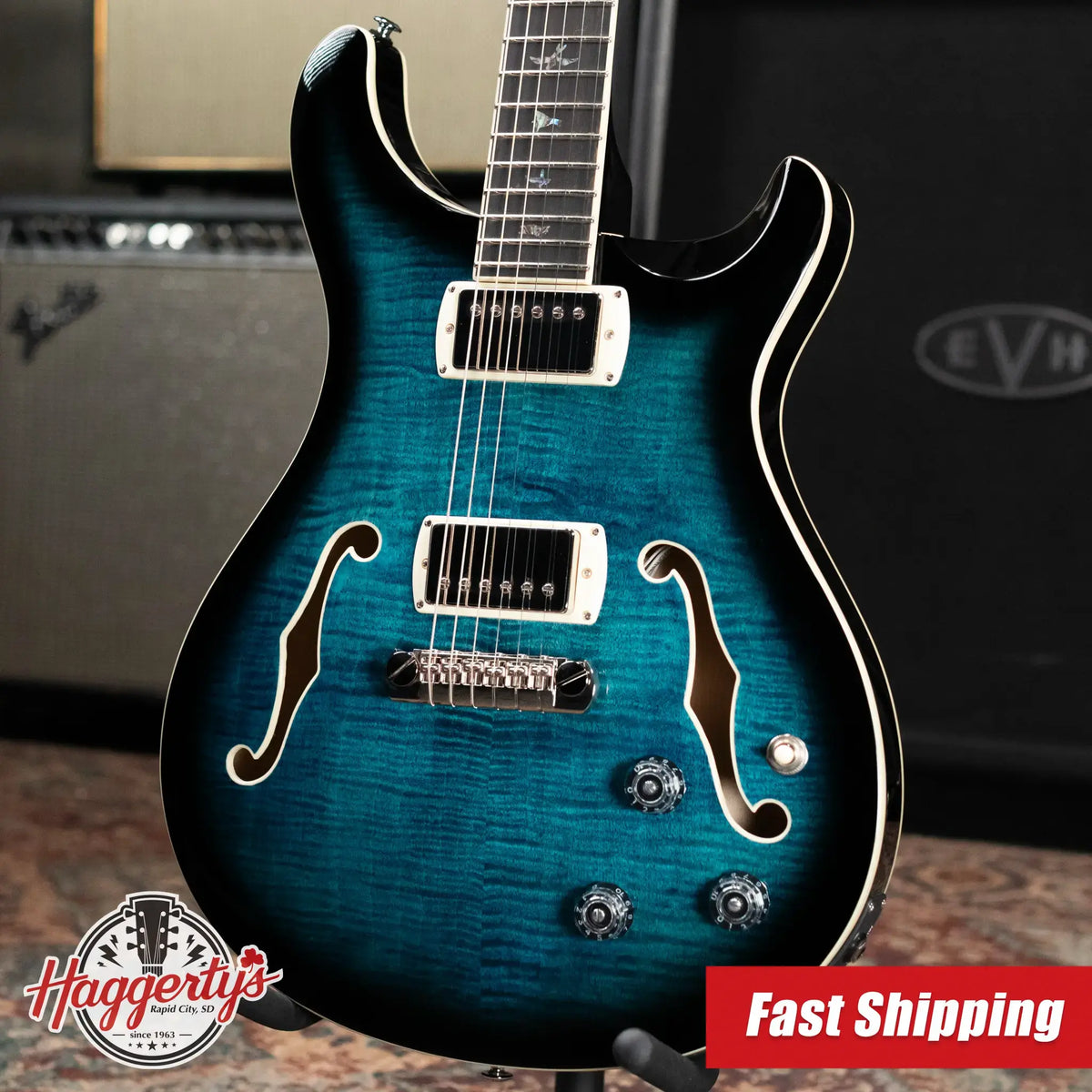 PRS SE Hollowbody II Piezo Electric Guitar - Peacock Blue Smokeburst with Gig Bag - Demo
