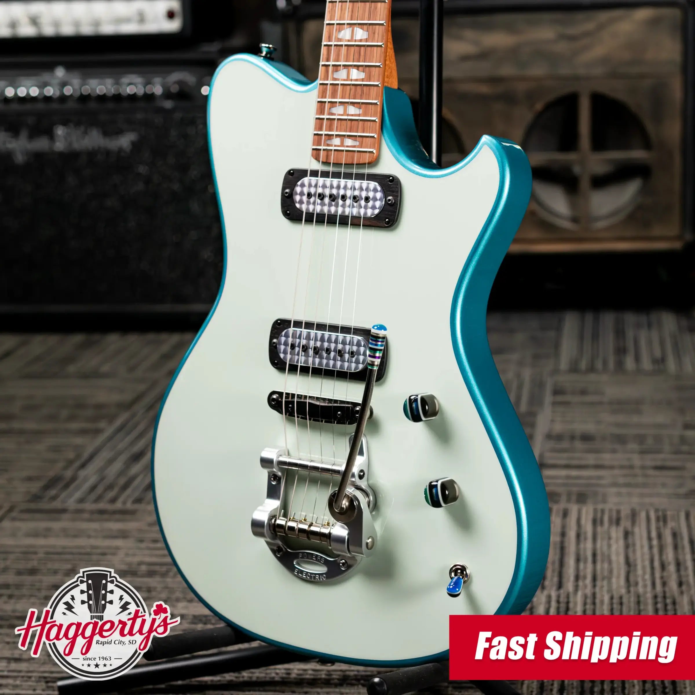 Powers Electric A-Type FF42 Hollow Body Electric Guitar - Vintage Glacier White/Tourmaline Green with Gig Bag