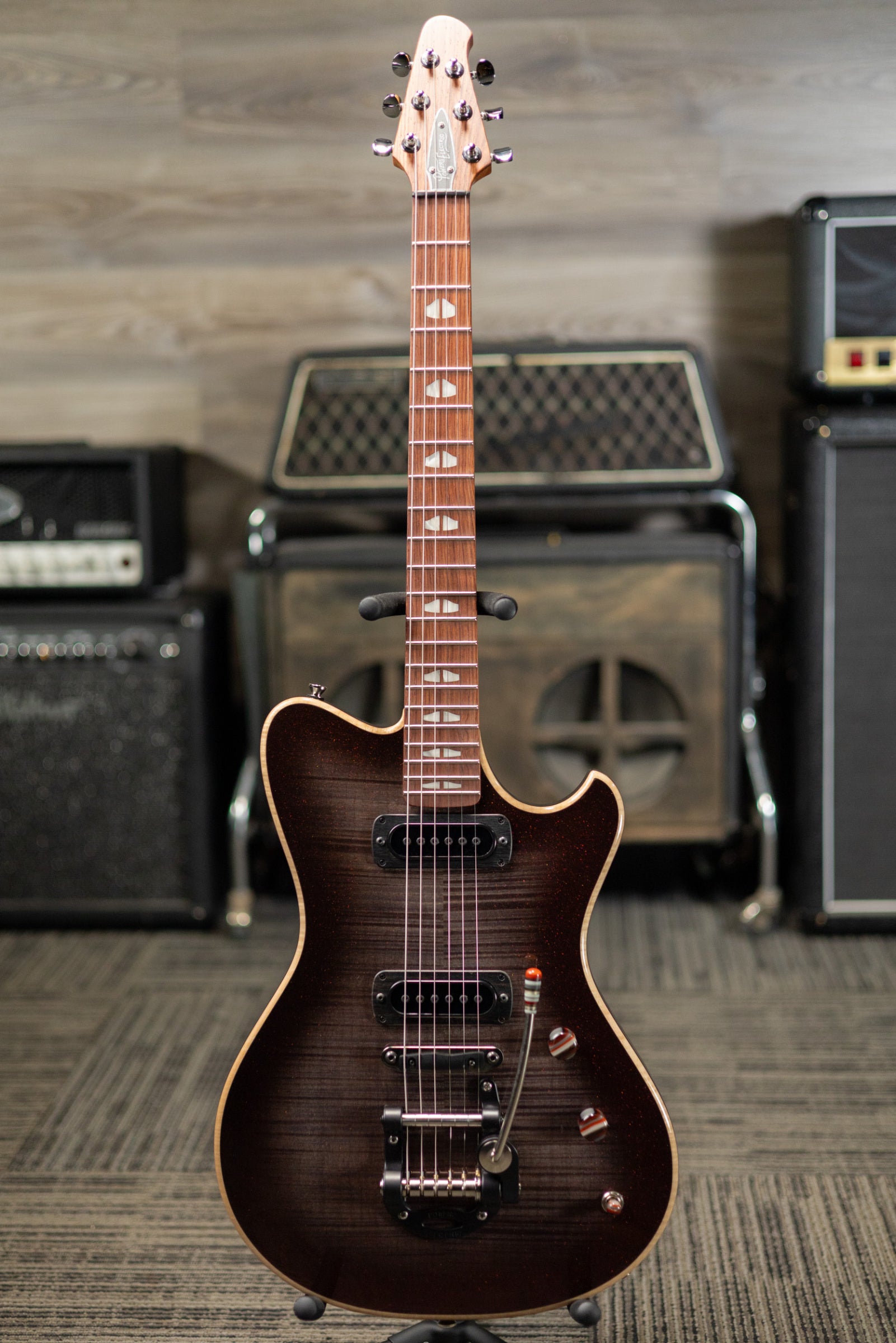 Powers Electric A-Type PF42 Hollow Body Electric Guitar - Chroma Silver Cranberry with Gig Bag