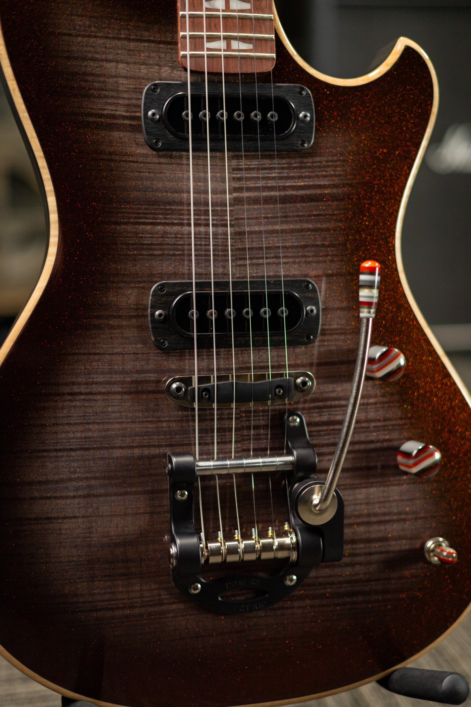 Powers Electric A-Type PF42 Hollow Body Electric Guitar - Chroma Silver Cranberry with Gig Bag