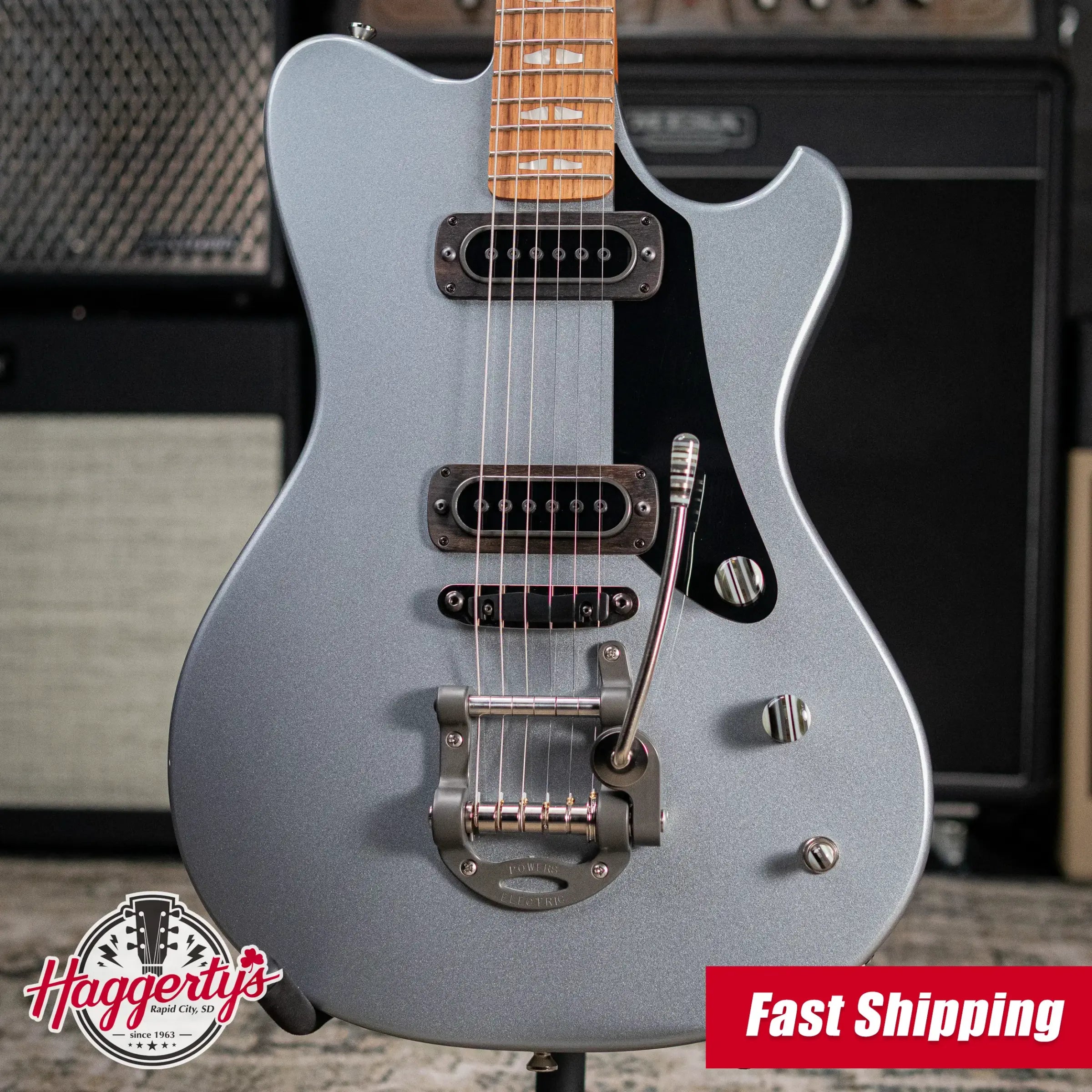 Powers Electric A-Type PF42 Hollow Body Electric Guitar - Liquid Metal Chrome Blue with Gig Bag