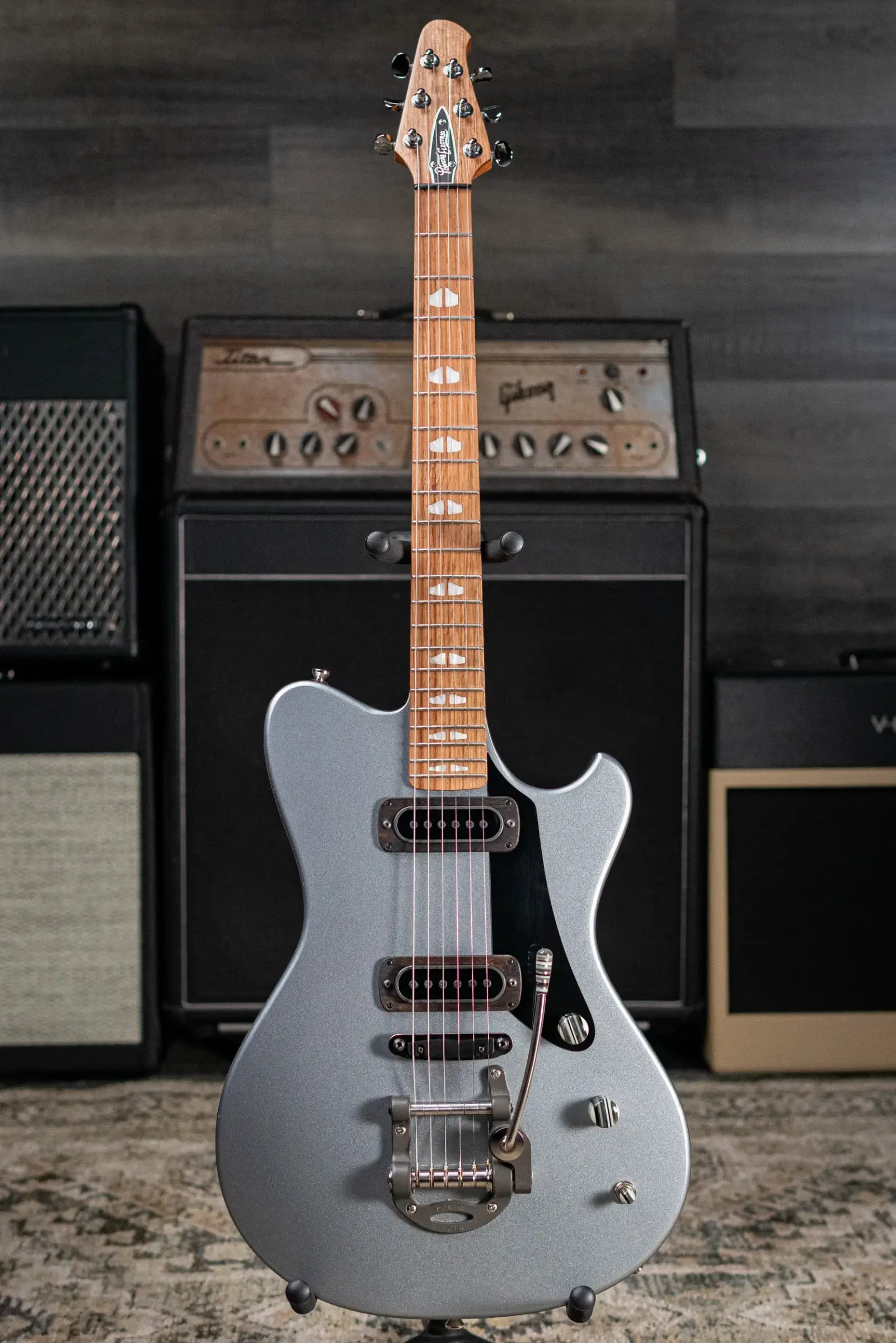 Powers Electric A-Type PF42 Hollow Body Electric Guitar - Liquid Metal Chrome Blue with Gig Bag