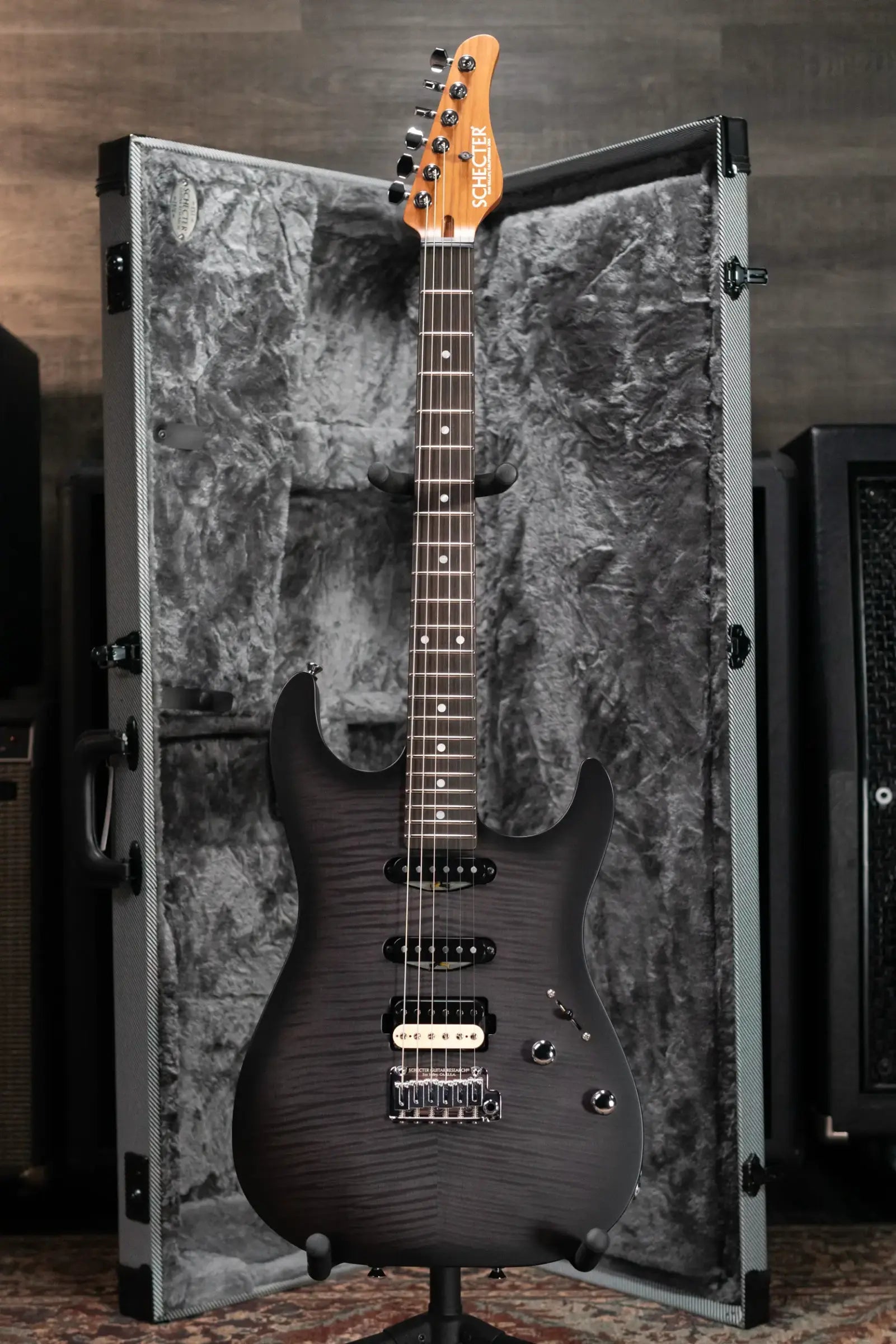 Schecter Custom Shop Sunset Custom HSS Electric Guitar - Satin Transparent Black Burst with Hardshell Case