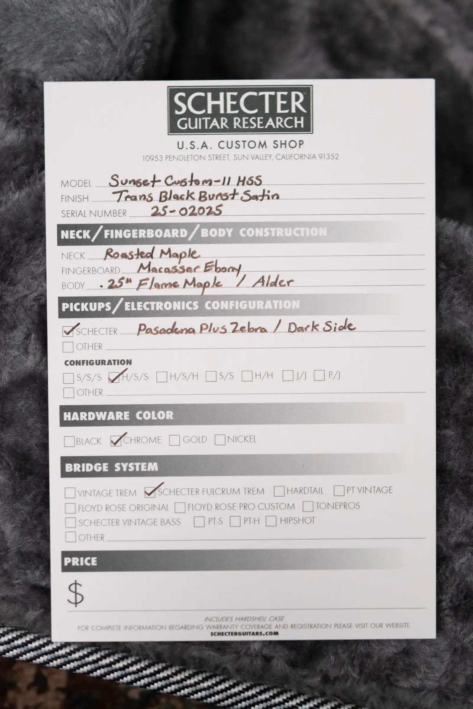 Schecter Custom Shop Sunset Custom HSS Electric Guitar - Satin Transparent Black Burst with Hardshell Case