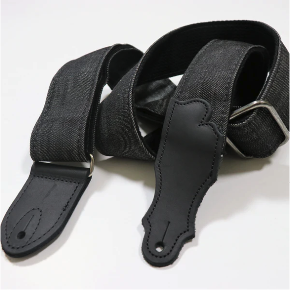 Franklin Straps 2" Denim Guitar Strap - Black Distressed Denim Black Leather End Tab