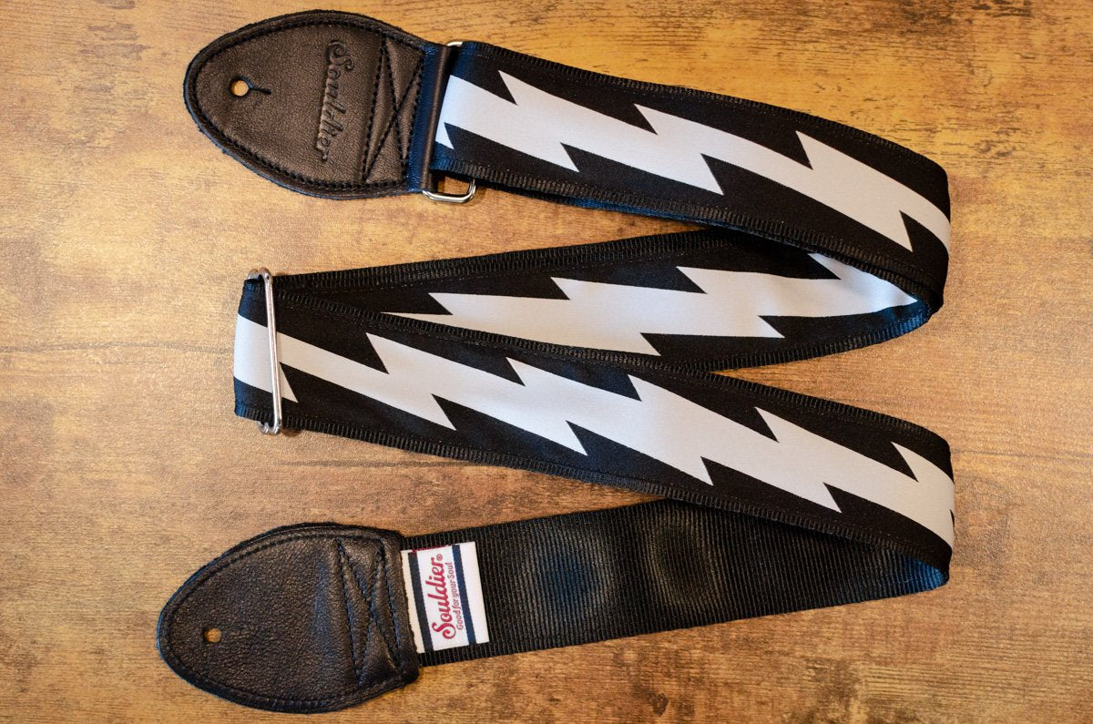 Souldier Classic Series Lightning Bolt Guitar Strap, Silver on Black