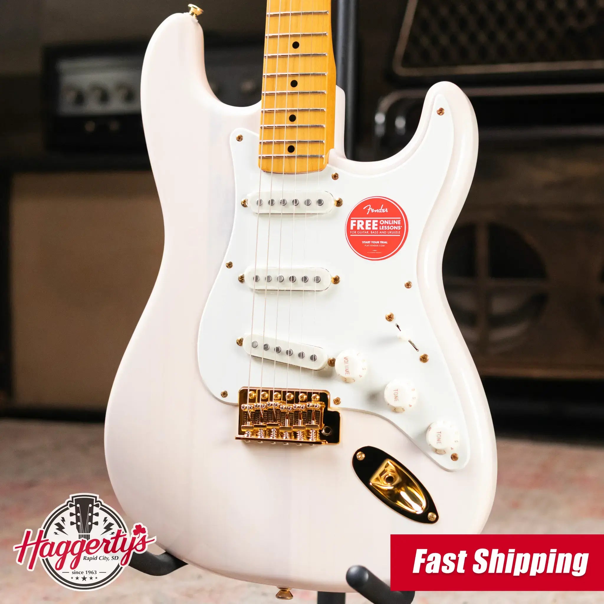 Squier FSR Classic Vibe '50s Stratocaster, Maple Fingerboard, Parchment Pickguard, Gold Hardware - White Blonde