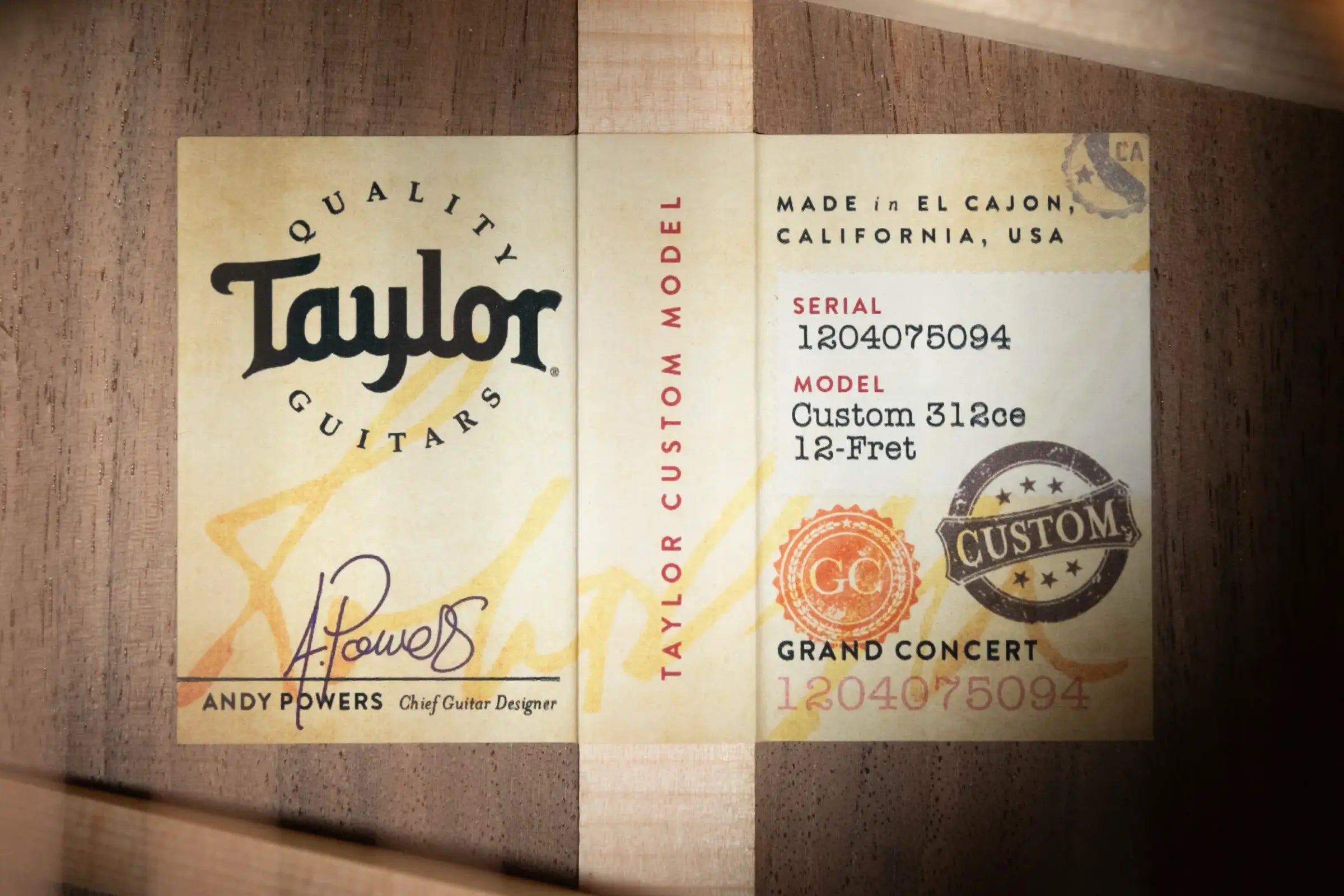 Taylor Custom Shop 312ce 12-Fret Grand Concert Acoustic/Electric Guitar - Walnut/Cedar with Hardshell Case - Factory Demo