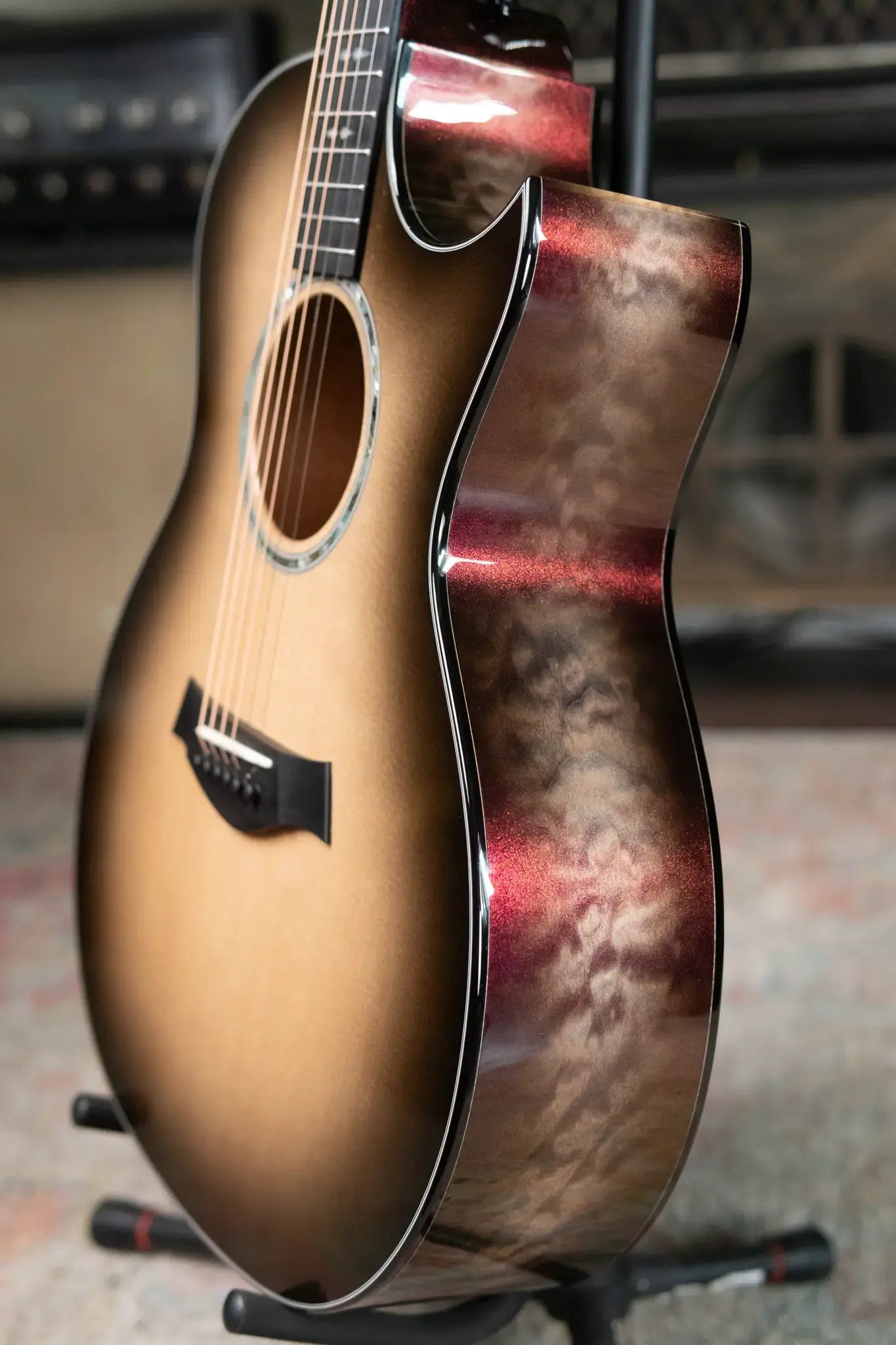 Taylor Custom Shop C14ce Grand Auditorium Quilt Maple Acoustic/Electric Guitar, Cranberry Color Shift with Hardshell Case