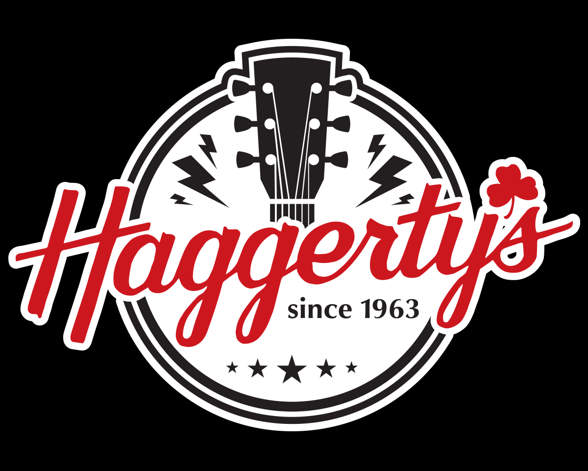 Haggerty's logo with a guitar headstock and red text on a black background