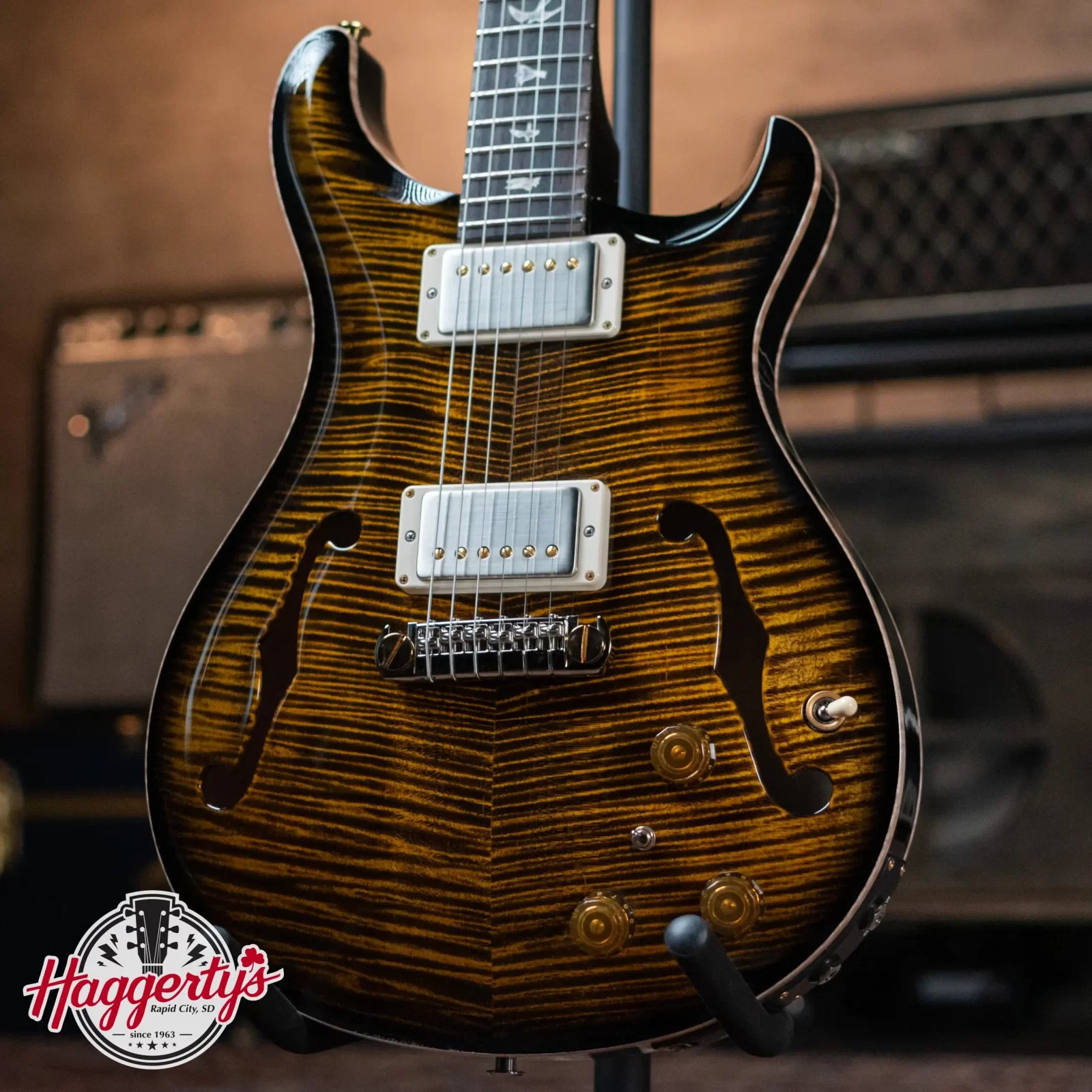 PRS Hollow Body II Piezo 10 Top Electric Guitar - Yellow Tiger Smokeburst with Hardshell Case