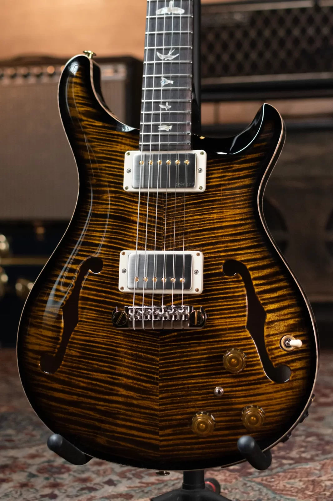 PRS Hollow Body II Piezo 10 Top Electric Guitar - Yellow Tiger Smokeburst with Hardshell Case