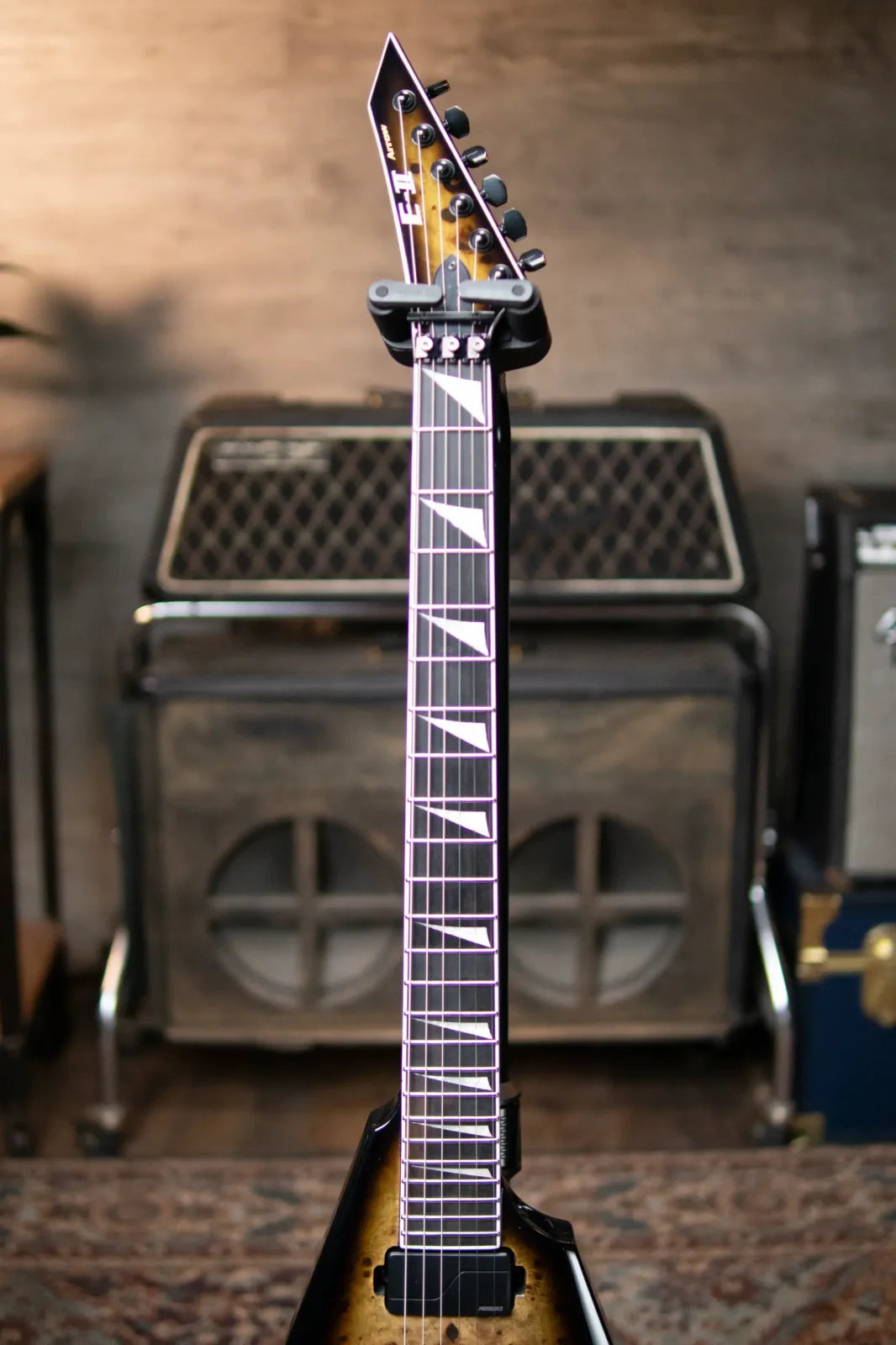 ESP E-II Arrow, Burl Maple - Nebula Black Burst with Hardshell Case