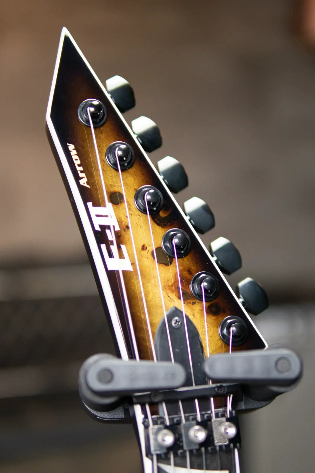 ESP E-II Arrow, Burl Maple - Nebula Black Burst with Hardshell Case