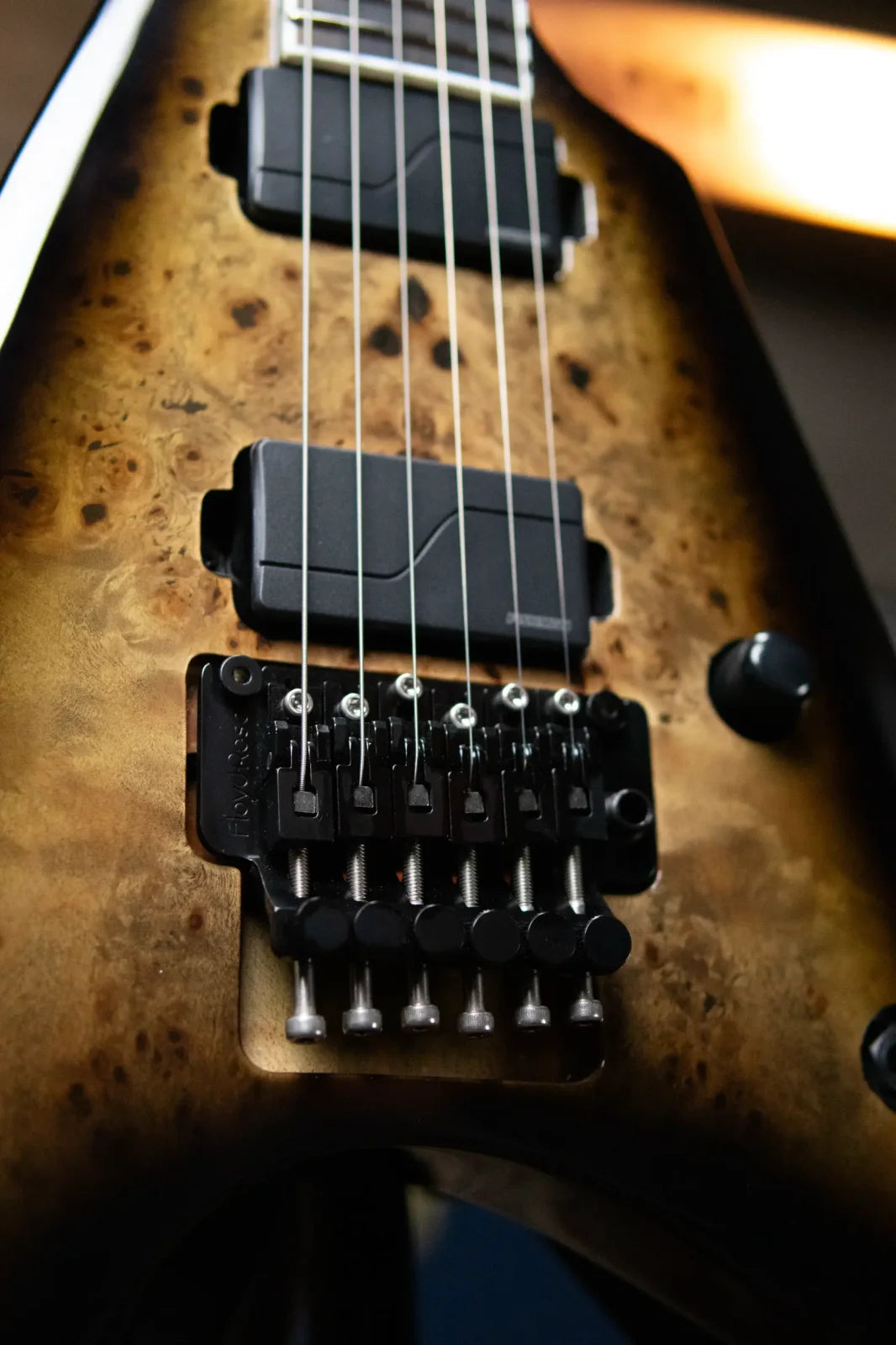 ESP E-II Arrow, Burl Maple - Nebula Black Burst with Hardshell Case