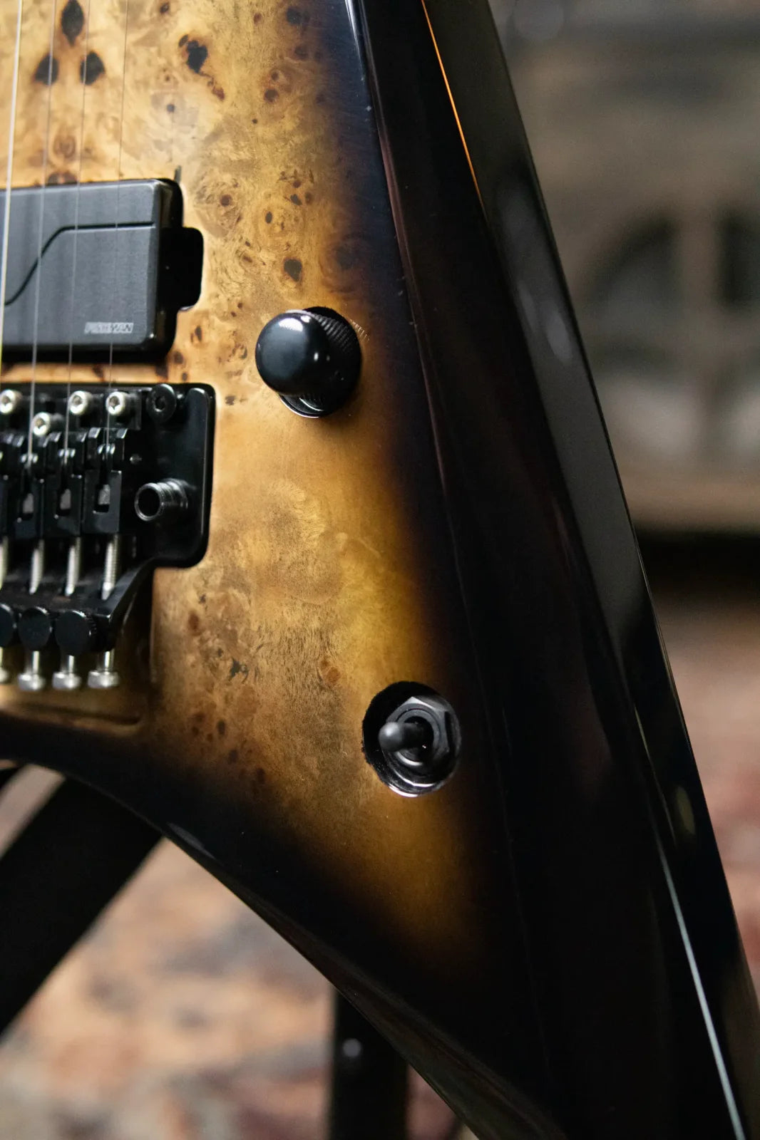 ESP E-II Arrow, Burl Maple - Nebula Black Burst with Hardshell Case