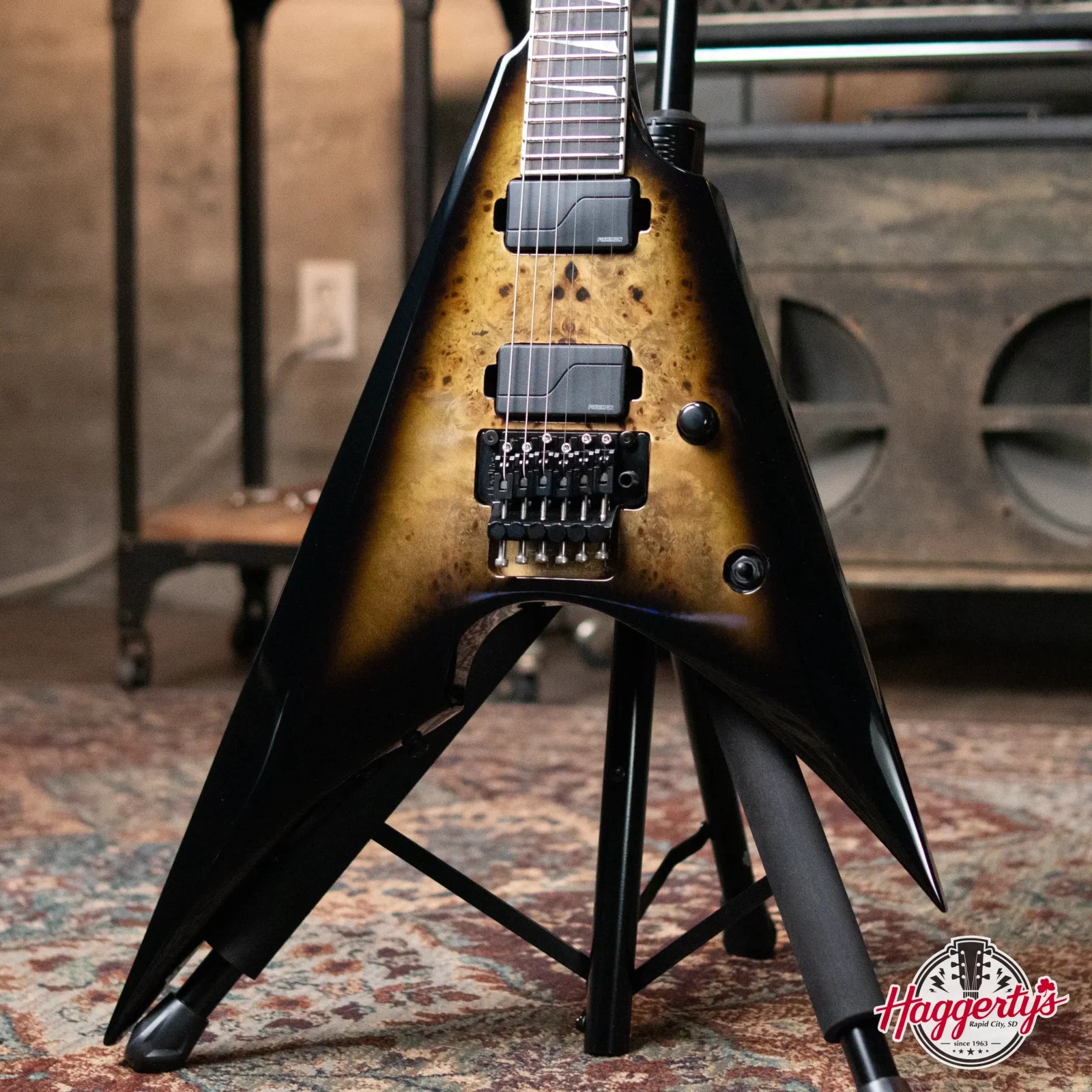 ESP E-II Arrow, Burl Maple - Nebula Black Burst with Hardshell Case
