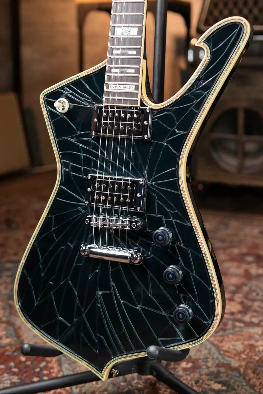 Ibanez PS3CM Paul Stanley Signature Model Electric Guitar - Black with Cracked Mirror Top with Hardshell Case