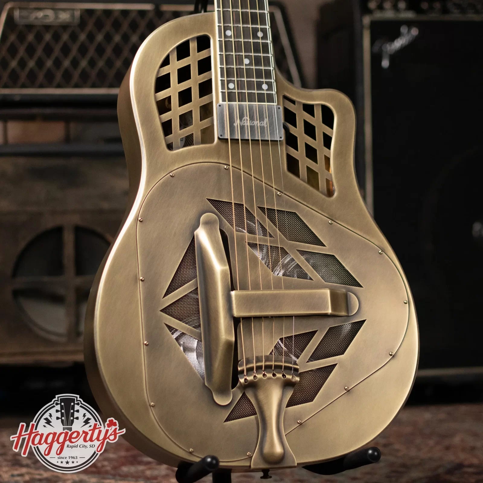 National Style 1 Baritone Tricone Resonator, Slimline Pickup - Antique Brass with Hardshell Case