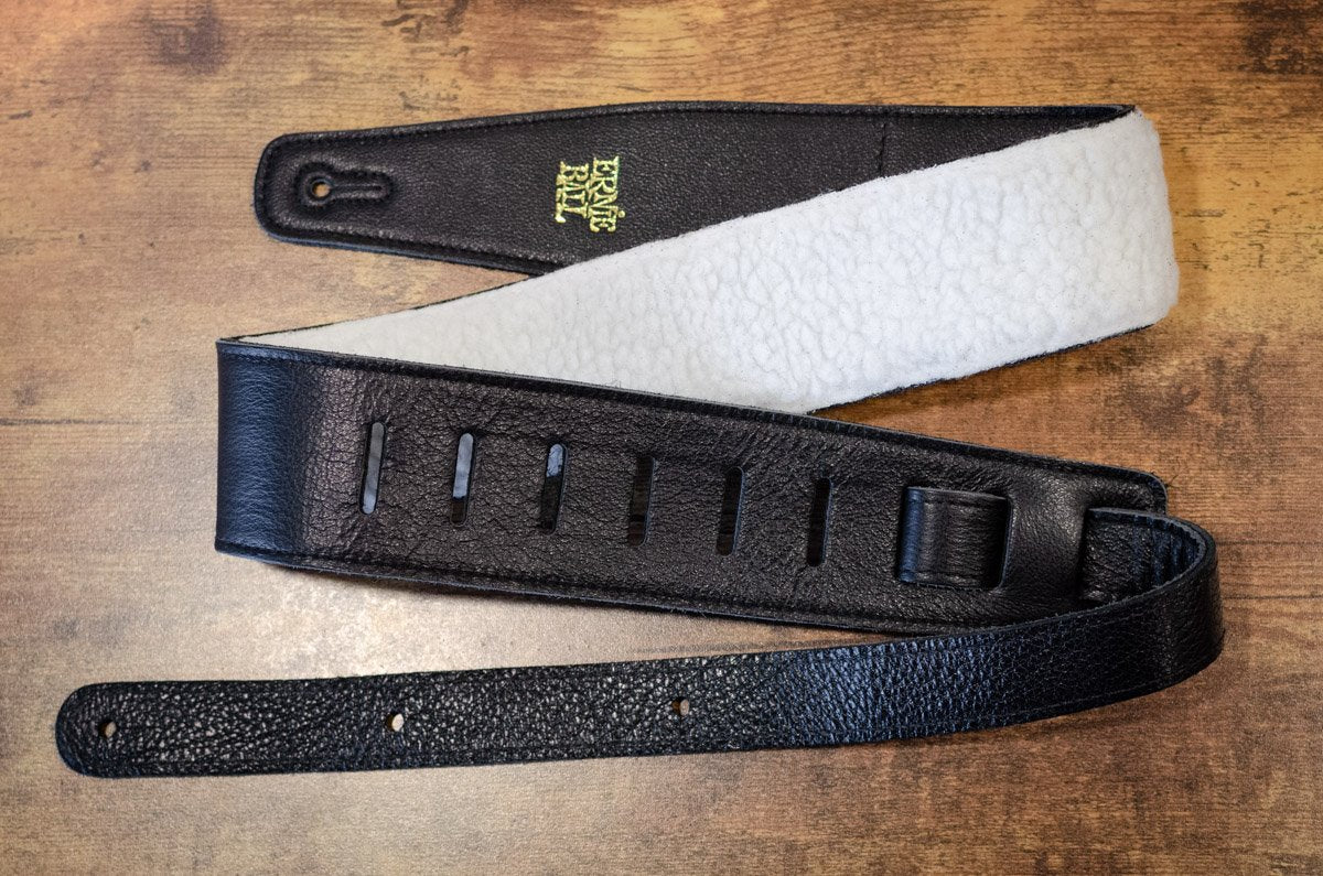 Ernie Ball 2.5" Adjustable Italian Leather Guitar Strap with Fur Padding - Black