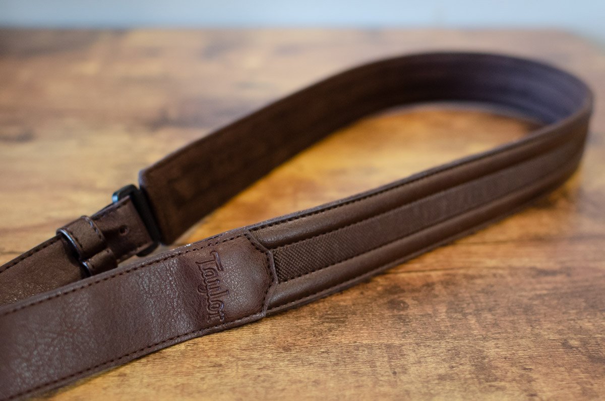 Taylor Slim Vegan Leather Strap, Chocolate Brown Engraving, 1.50", Embossed Logo
