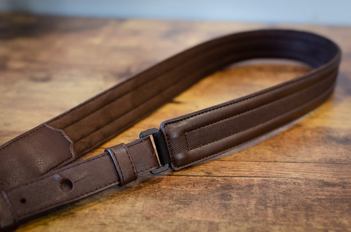 Taylor Slim Vegan Leather Strap, Chocolate Brown Engraving, 1.50", Embossed Logo