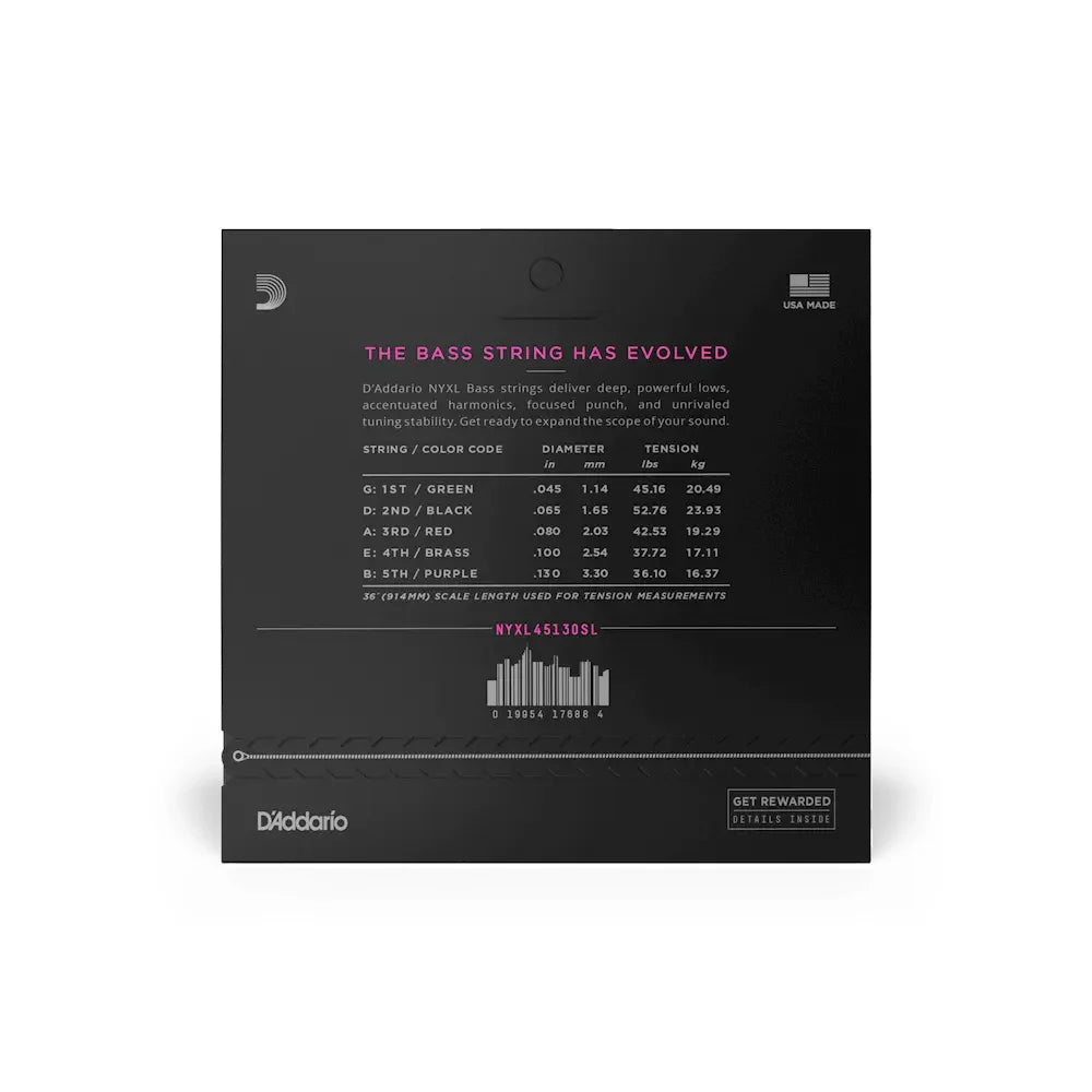 D'Addario NYXL45130SL Nickel Wound Bass Guitar Strings - .045-.130 Regular Light Super Long Scale 5-String