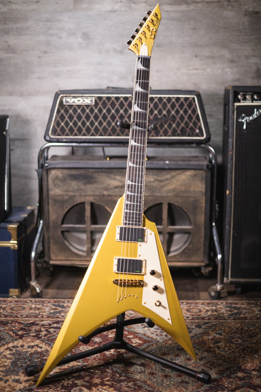 ESP LTD KH-V Kirk Hammett Signature Electric Guitar - Metallic Gold with Hardshell Case