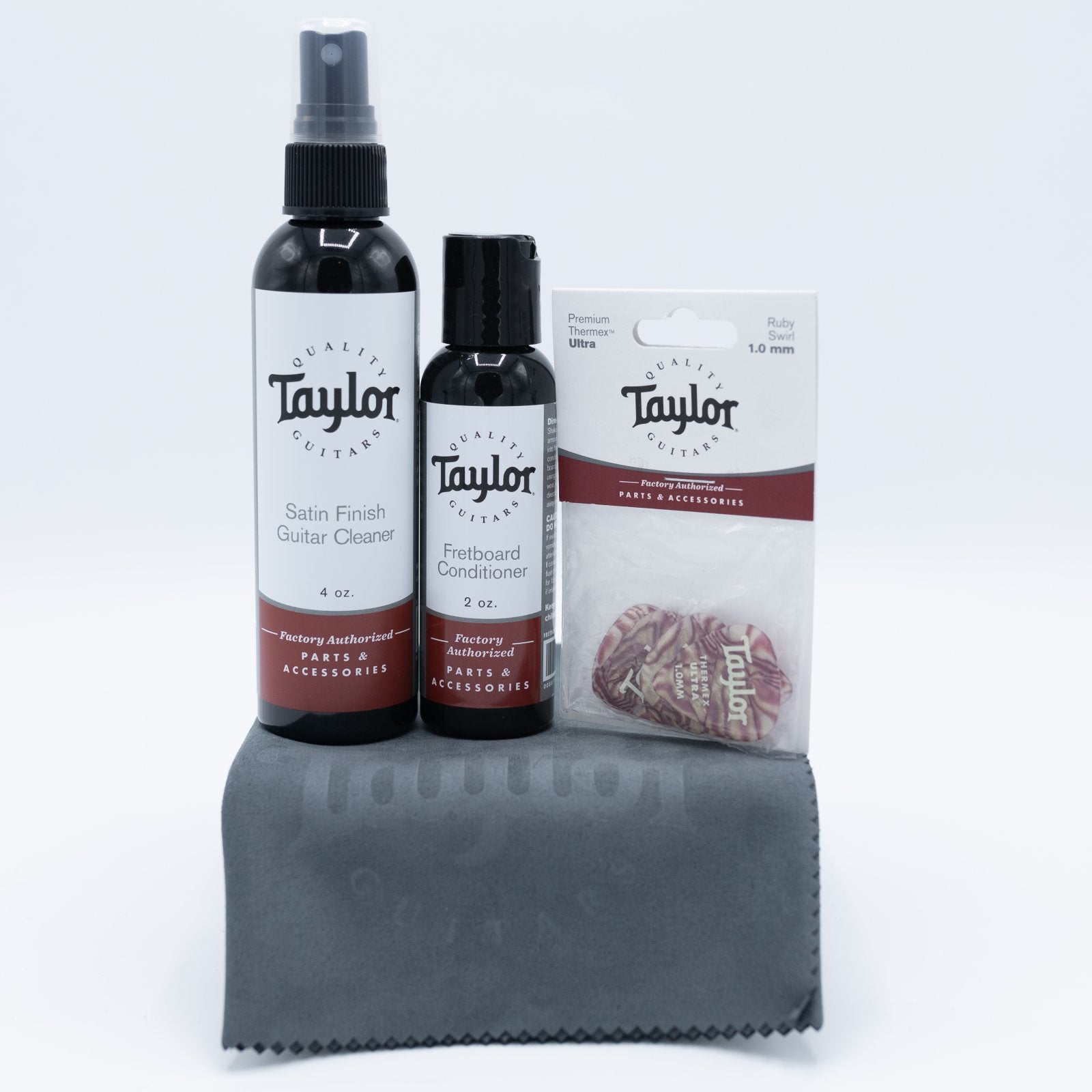 Taylor Satin Guitar Cleaning Bundle w/ Taylor 6-Pack Thermex Ultra 1.00mm, Ruby Swirl