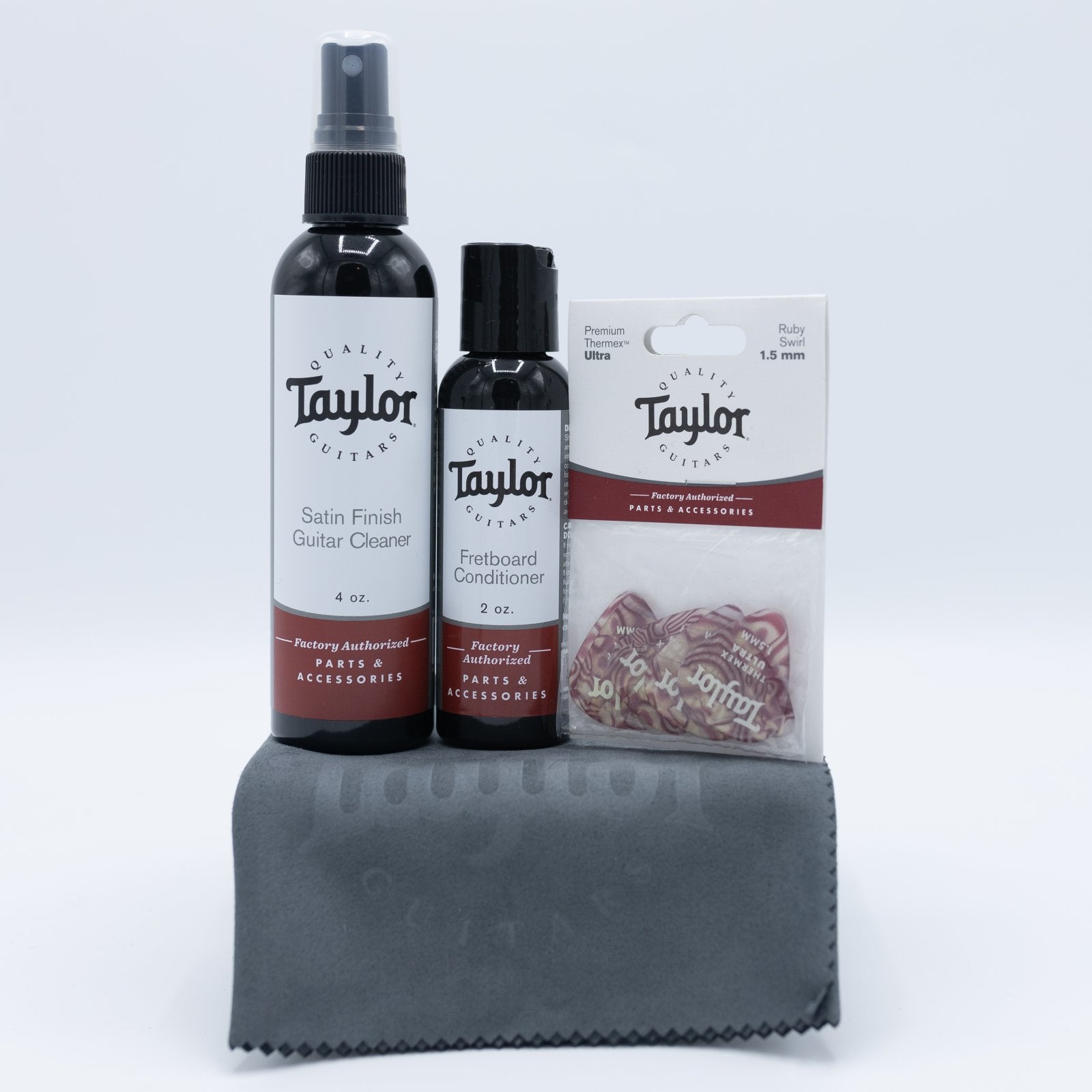 Taylor Satin Guitar Cleaning Bundle w/ Taylor 6-Pack Thermex Ultra 1.50mm, Ruby Swirl
