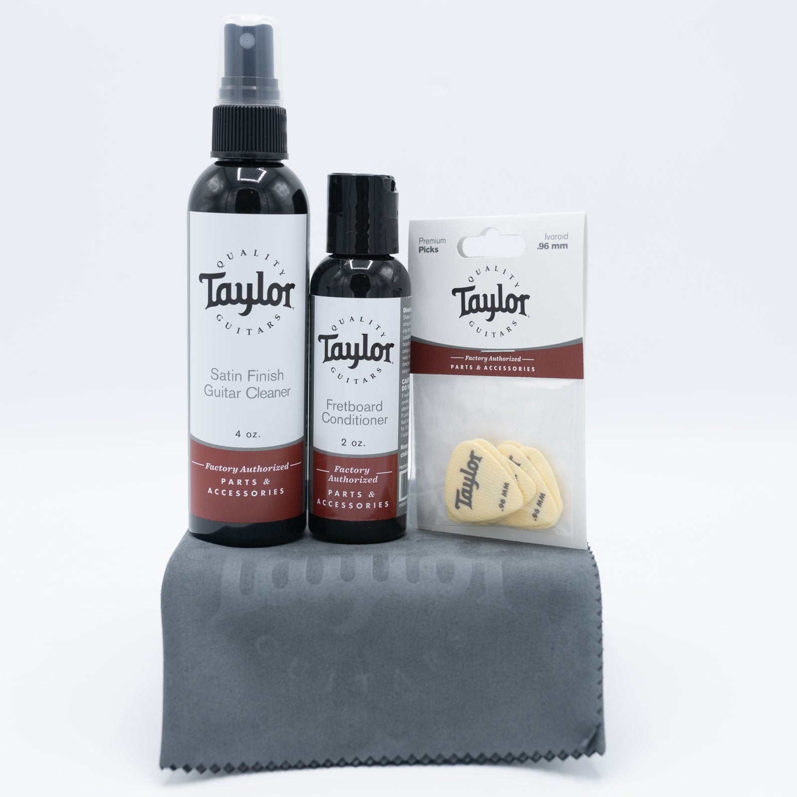 Taylor Satin Guitar Cleaning Bundle w/ Taylor 6-Pack Premium Ivoroid 0.96mm Picks