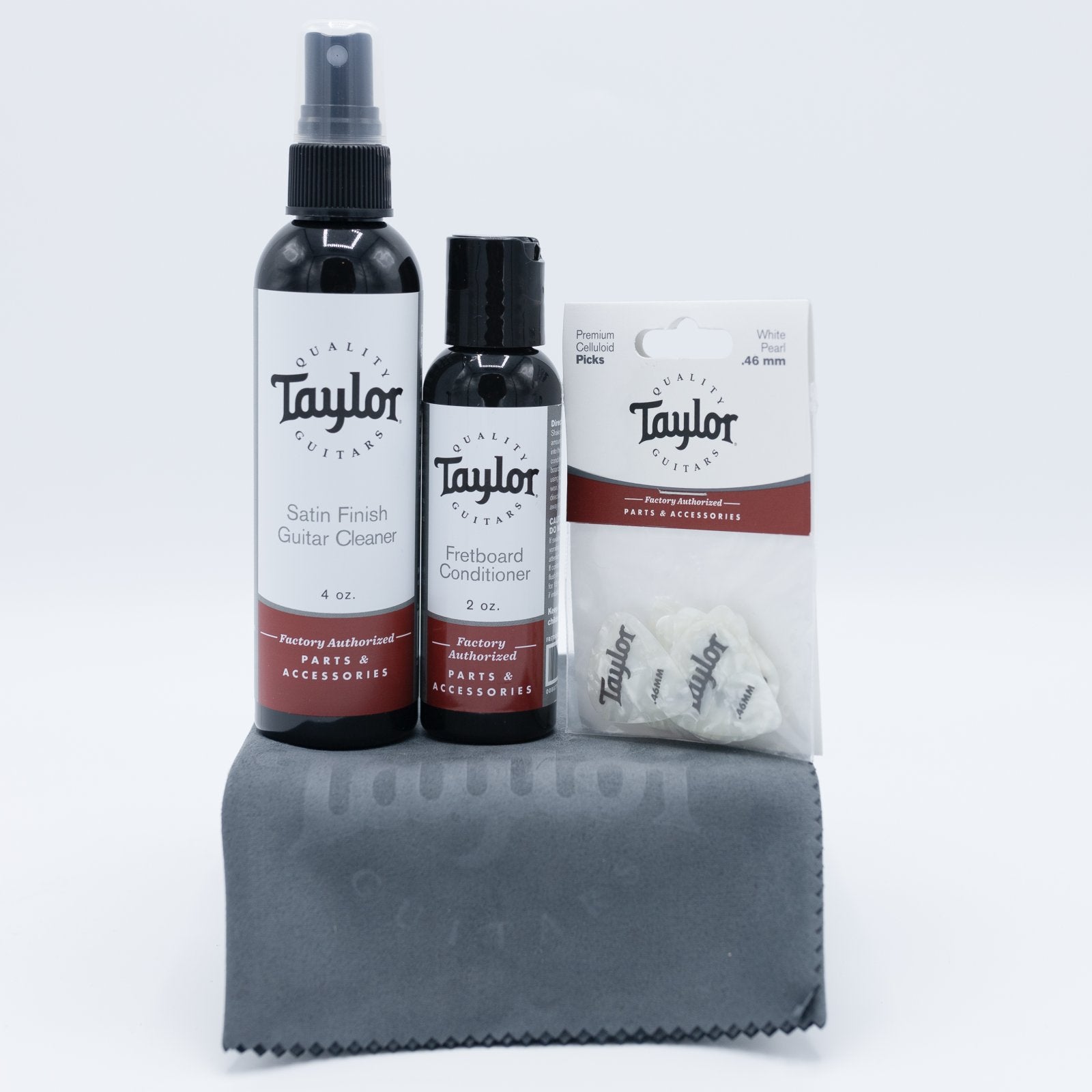 Taylor Satin Guitar Cleaning Bundle w/ Taylor 6-Pack Celluloid 0.46mm White Pearl Picks