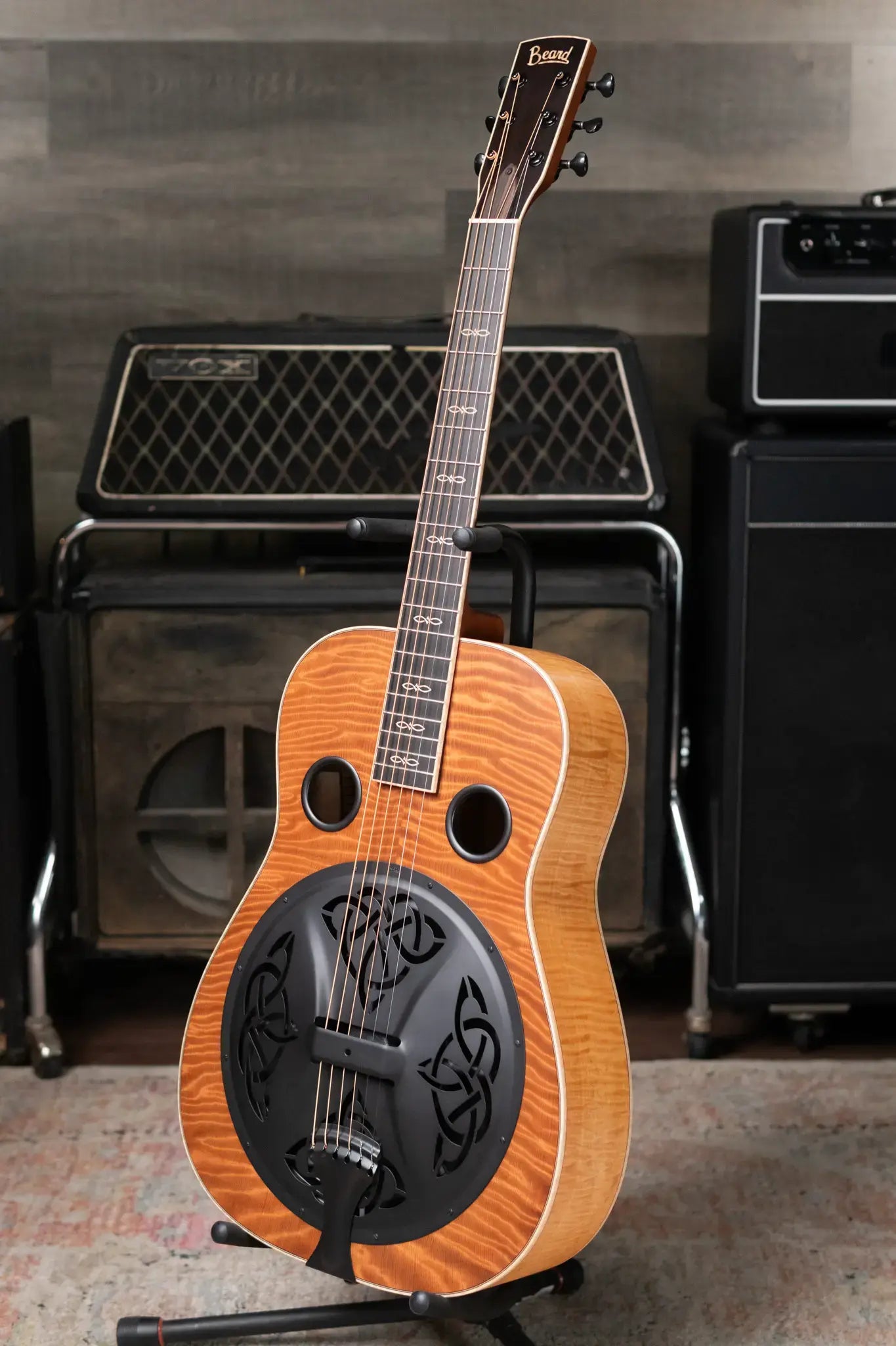 Beard Custom Legacy E RN Figured Redwood/Master Curly Maple Resonator - Natural Flat Satin Finish with Hardshell Case