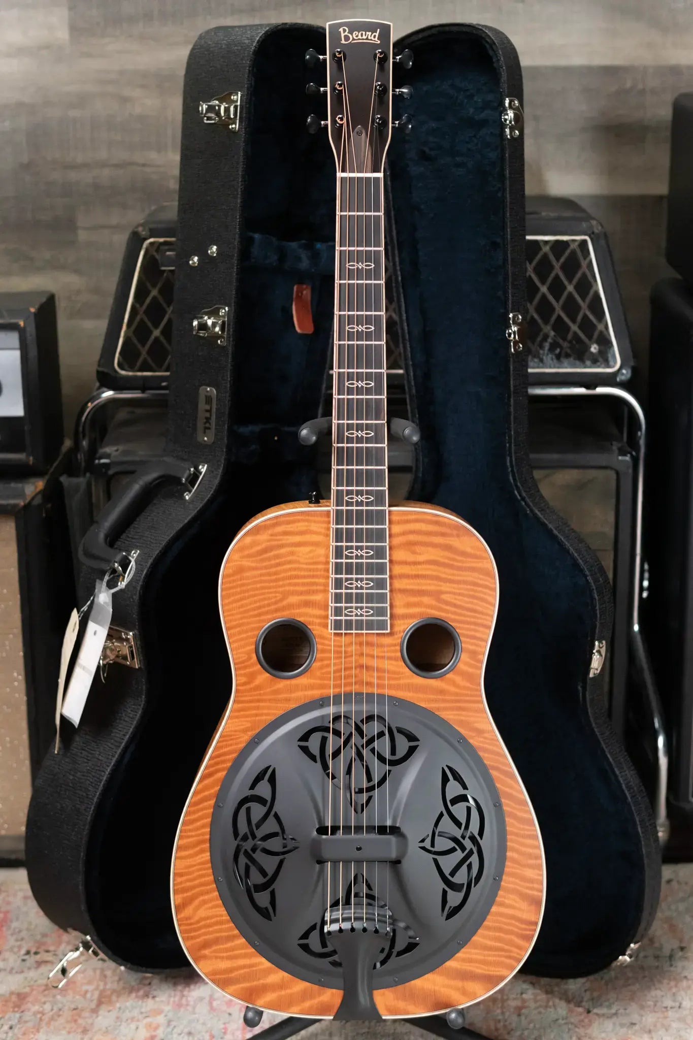 Beard Custom Legacy E RN Figured Redwood/Master Curly Maple Resonator - Natural Flat Satin Finish with Hardshell Case