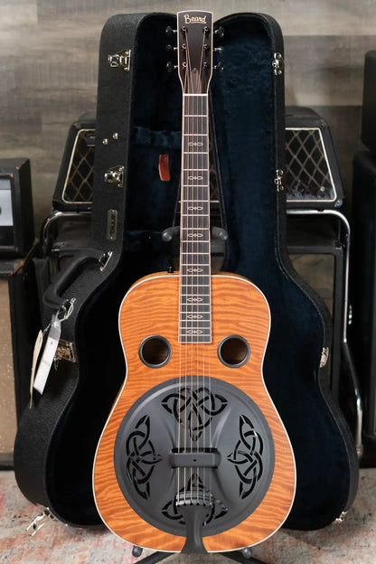 Beard Custom Legacy E RN Figured Redwood/Master Curly Maple Resonator - Natural Flat Satin Finish with Hardshell Case