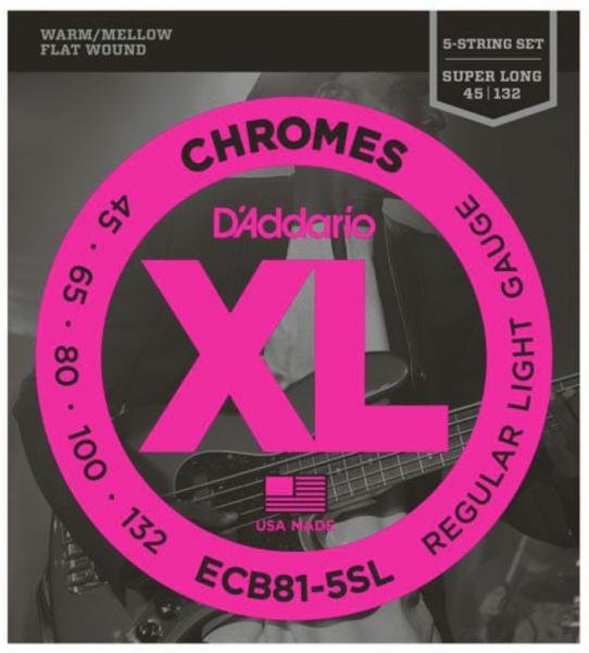D'Addario ECB81-5 Chromes Flatwound Bass Guitar Strings - .045-.132 Regular Light Long Scale 5-string