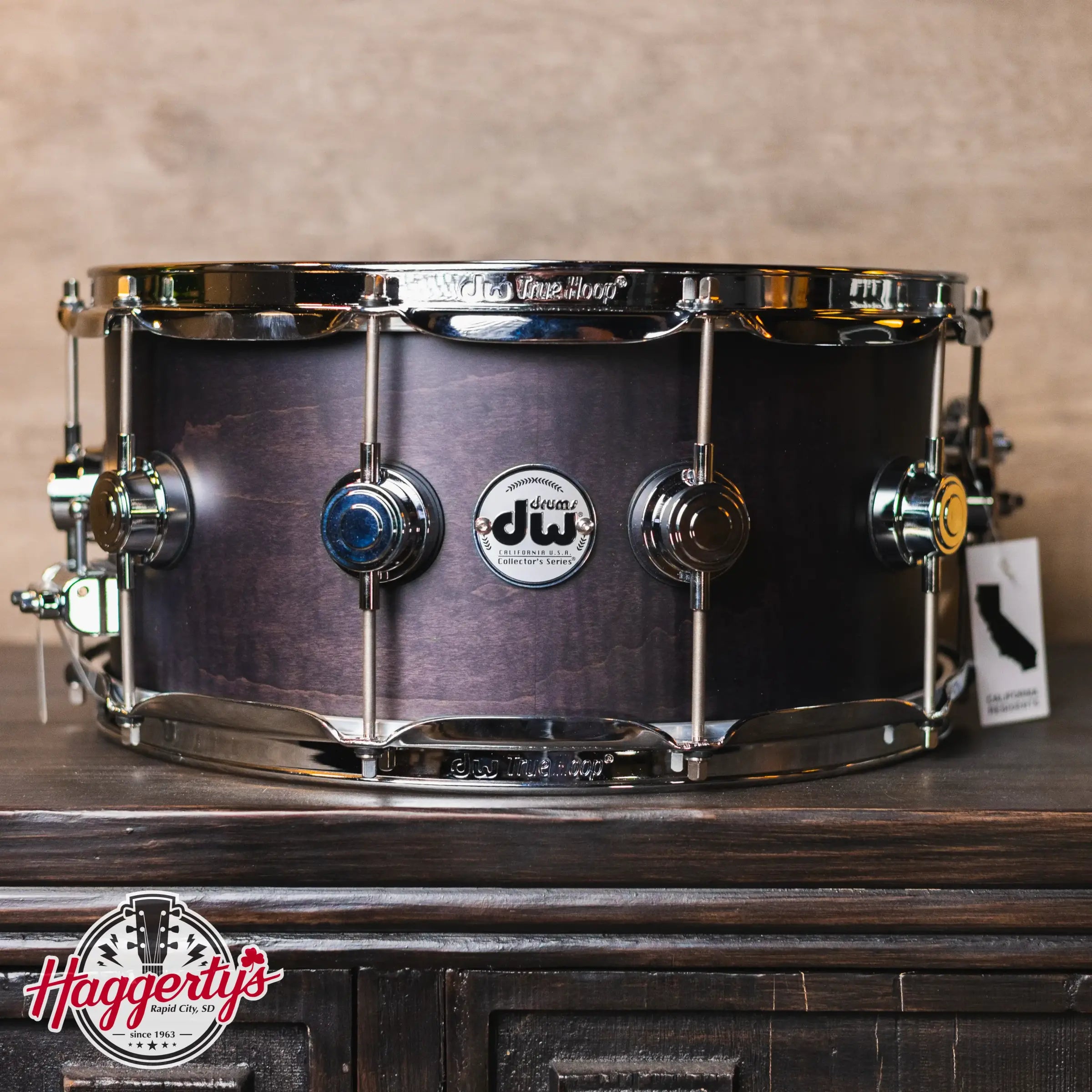 DW Collector’s Series 6.5x14 Exotic HVLT Snare Drum – Ebony Hard Satin Over Curly Maple, Chrome Hardware