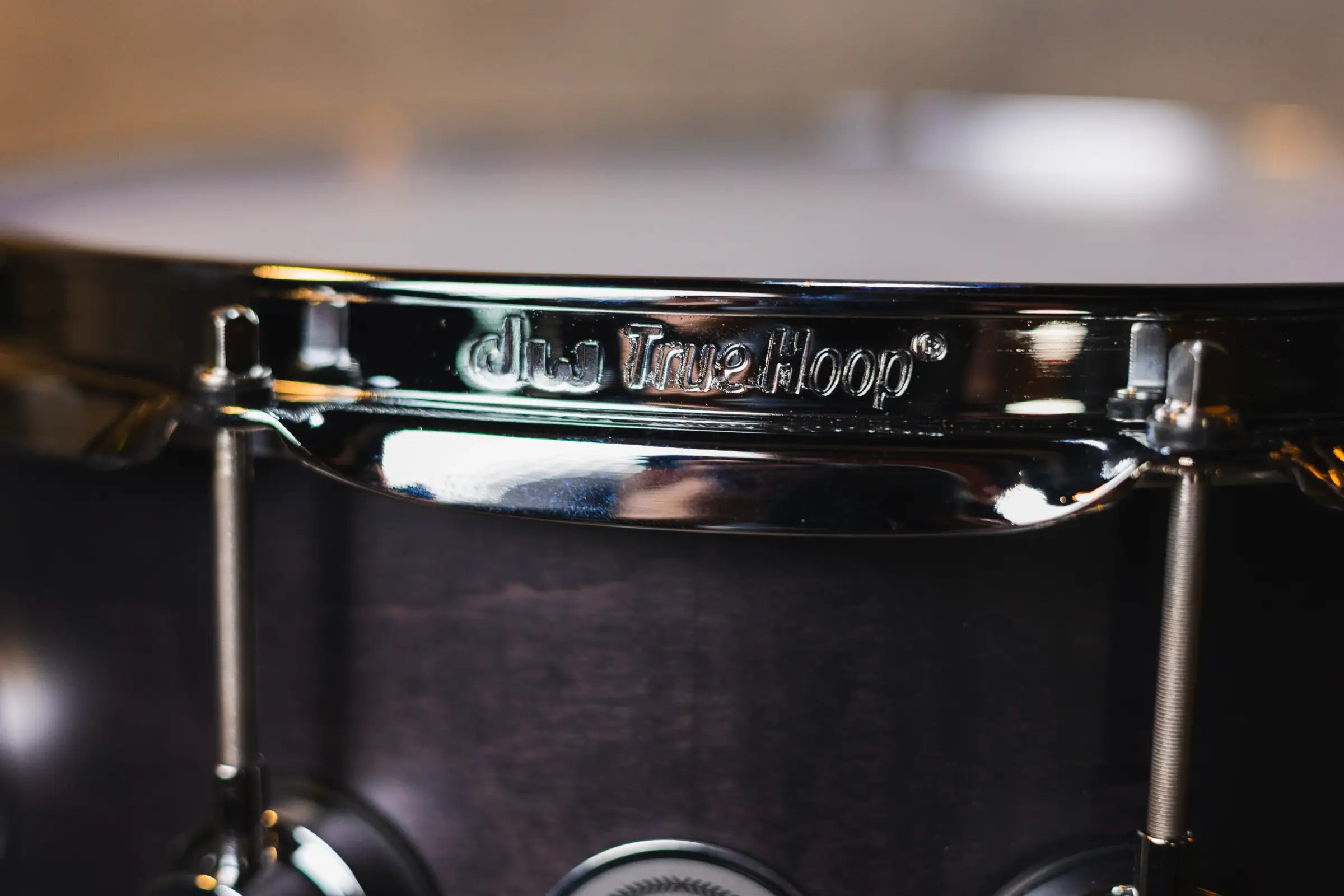 DW Collector’s Series 6.5x14 Exotic HVLT Snare Drum – Ebony Hard Satin Over Curly Maple, Chrome Hardware