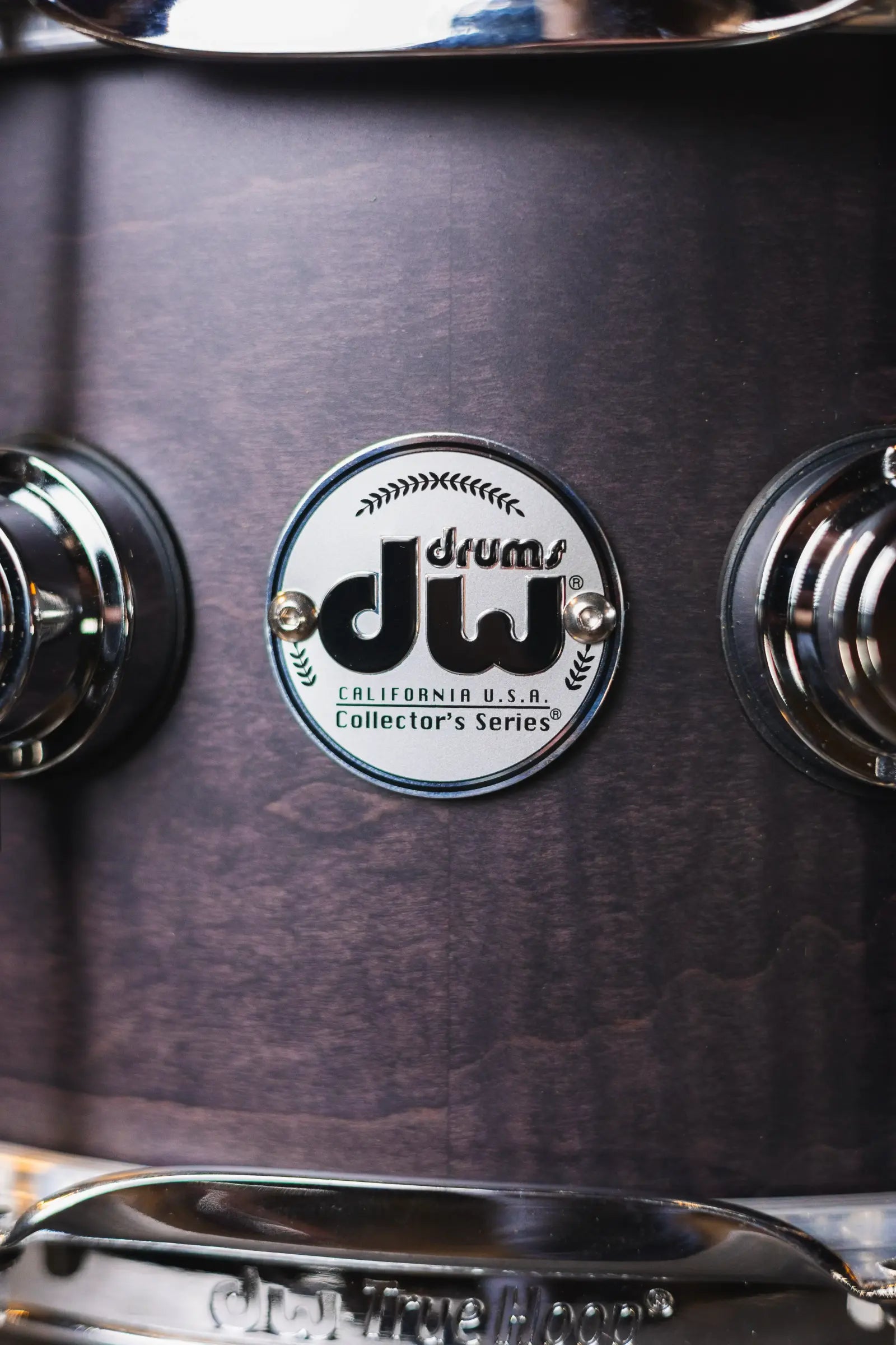 DW Collector’s Series 6.5x14 Exotic HVLT Snare Drum – Ebony Hard Satin Over Curly Maple, Chrome Hardware