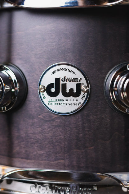 DW Collector’s Series 6.5x14 Exotic HVLT Snare Drum – Ebony Hard Satin Over Curly Maple, Chrome Hardware