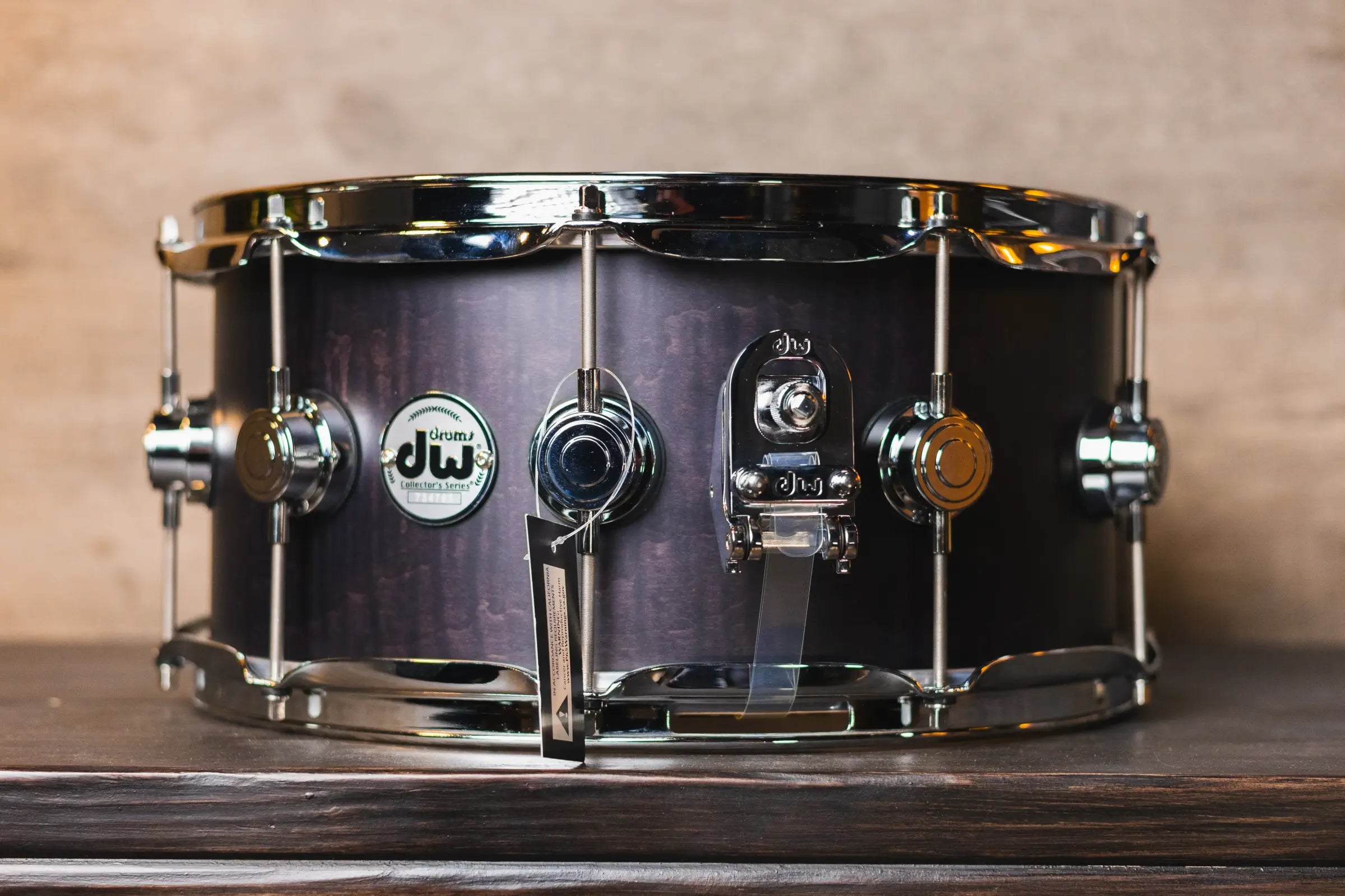 DW Collector’s Series 6.5x14 Exotic HVLT Snare Drum – Ebony Hard Satin Over Curly Maple, Chrome Hardware - Demo