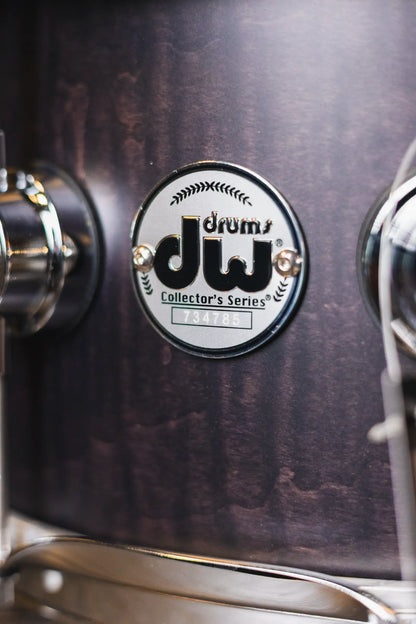DW Collector’s Series 6.5x14 Exotic HVLT Snare Drum – Ebony Hard Satin Over Curly Maple, Chrome Hardware