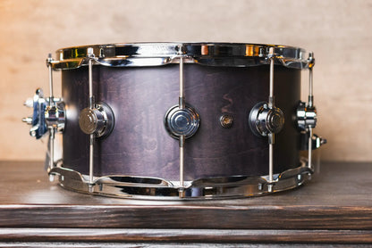 DW Collector’s Series 6.5x14 Exotic HVLT Snare Drum – Ebony Hard Satin Over Curly Maple, Chrome Hardware