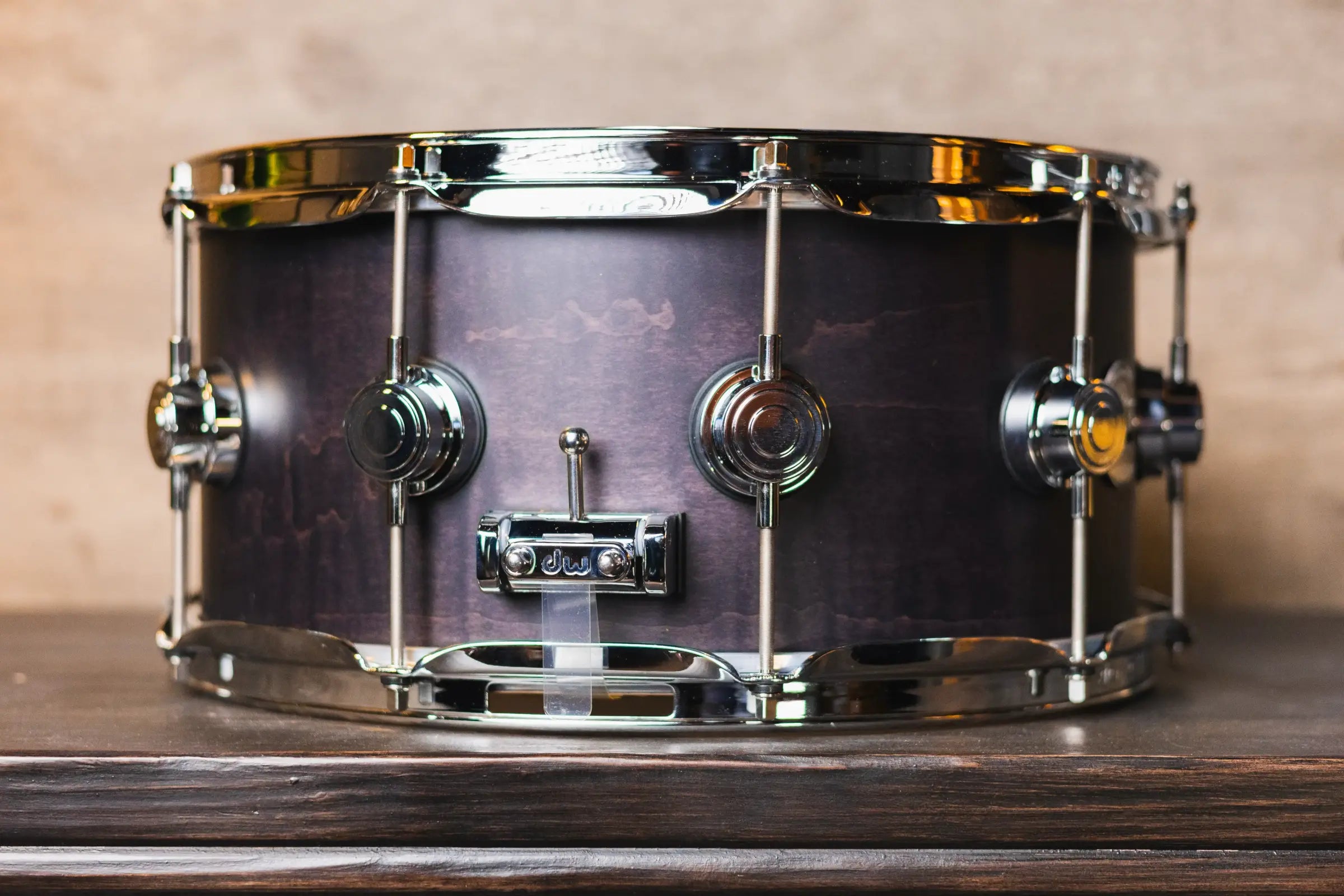 DW Collector’s Series 6.5x14 Exotic HVLT Snare Drum – Ebony Hard Satin Over Curly Maple, Chrome Hardware - Demo