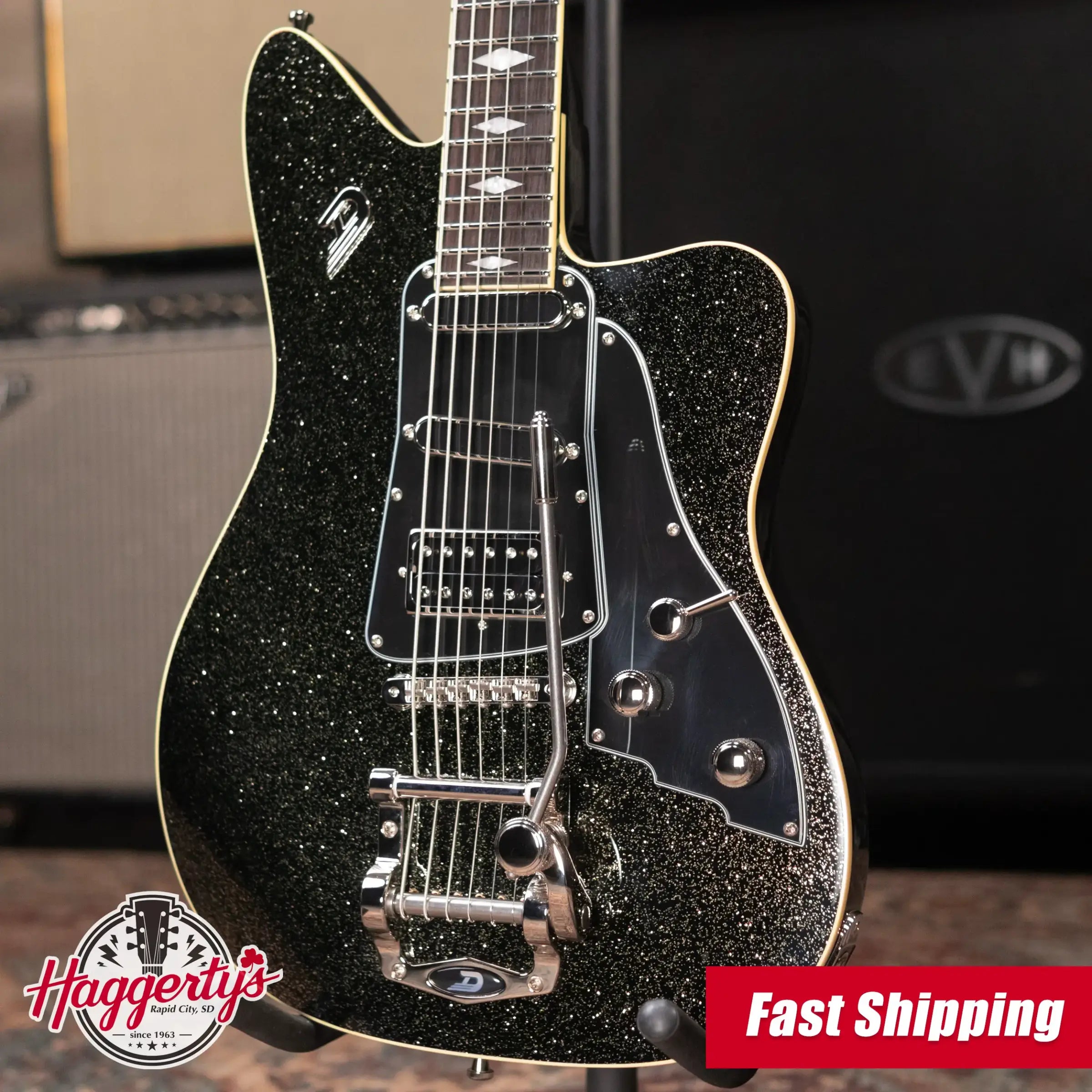 Duesenberg Paloma Baritone Electric Guitar - Black Sparkle with Gig Bag